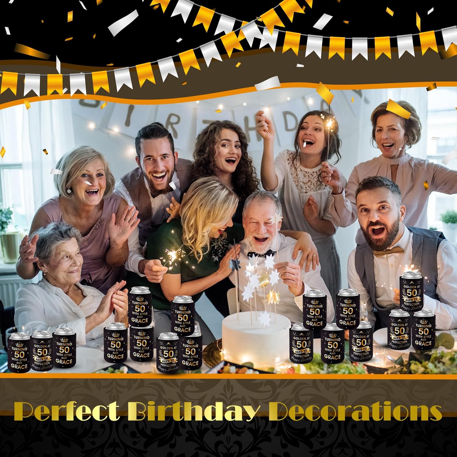 24 piezas de decoraciones doradas de cumpleaños número 50, recuerdos de fiesta de cumpleaños 50, fundas enfriadoras que giran 50 años con estilo y