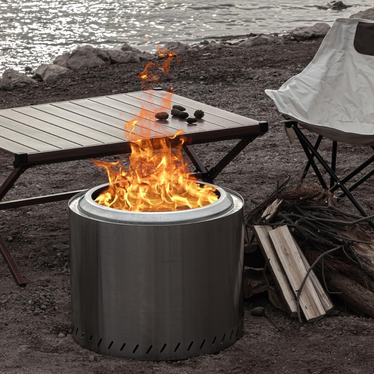 OutVue Fogata de acero inoxidable de 19.5 pulgadas sin humo, fogata sin humo para exteriores, fogata de leña para campamento, hoguera, hoguera con