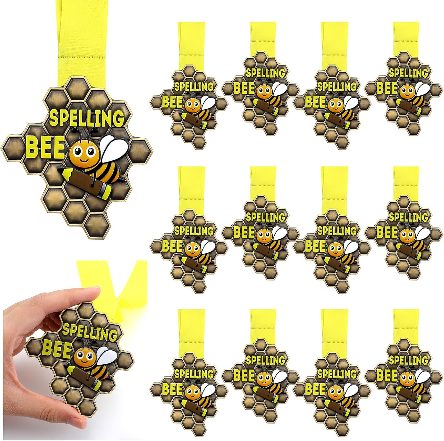 Zonon 12 medallas de panal de abeja de ortografía a granel con cinta para el cuello, medallas de premio de abeja, de 3.23 x 3.15 pulgadas, trofeo de