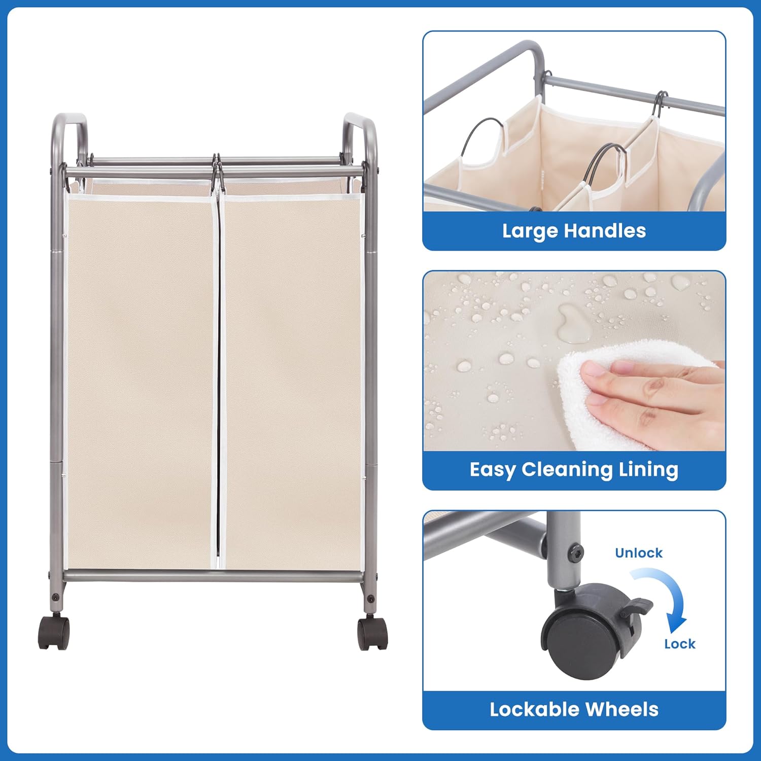 STORAGE MANIAC Clasificador de ropa sucia de 2 secciones, cesta de lavandería de 90 L con ruedas, clasificador de cestas de lavandería, cesta