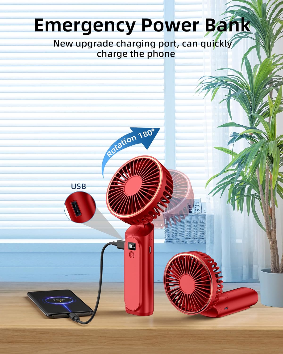 TUNISE Ventilador de mano portátil, ventilador de cuello, ventilador de escritorio de 4000 mAh, ajustable en 180, viento de 6 velocidades,