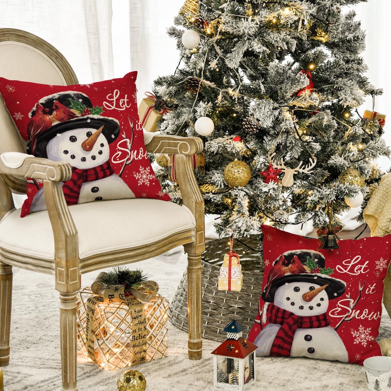 AVOIN colorlife Let it Snow – Juego de 2 fundas de almohada de Navidad de muñeco de nieve, 18 x 18 pulgadas, decoración de fundas de cojín para sofá