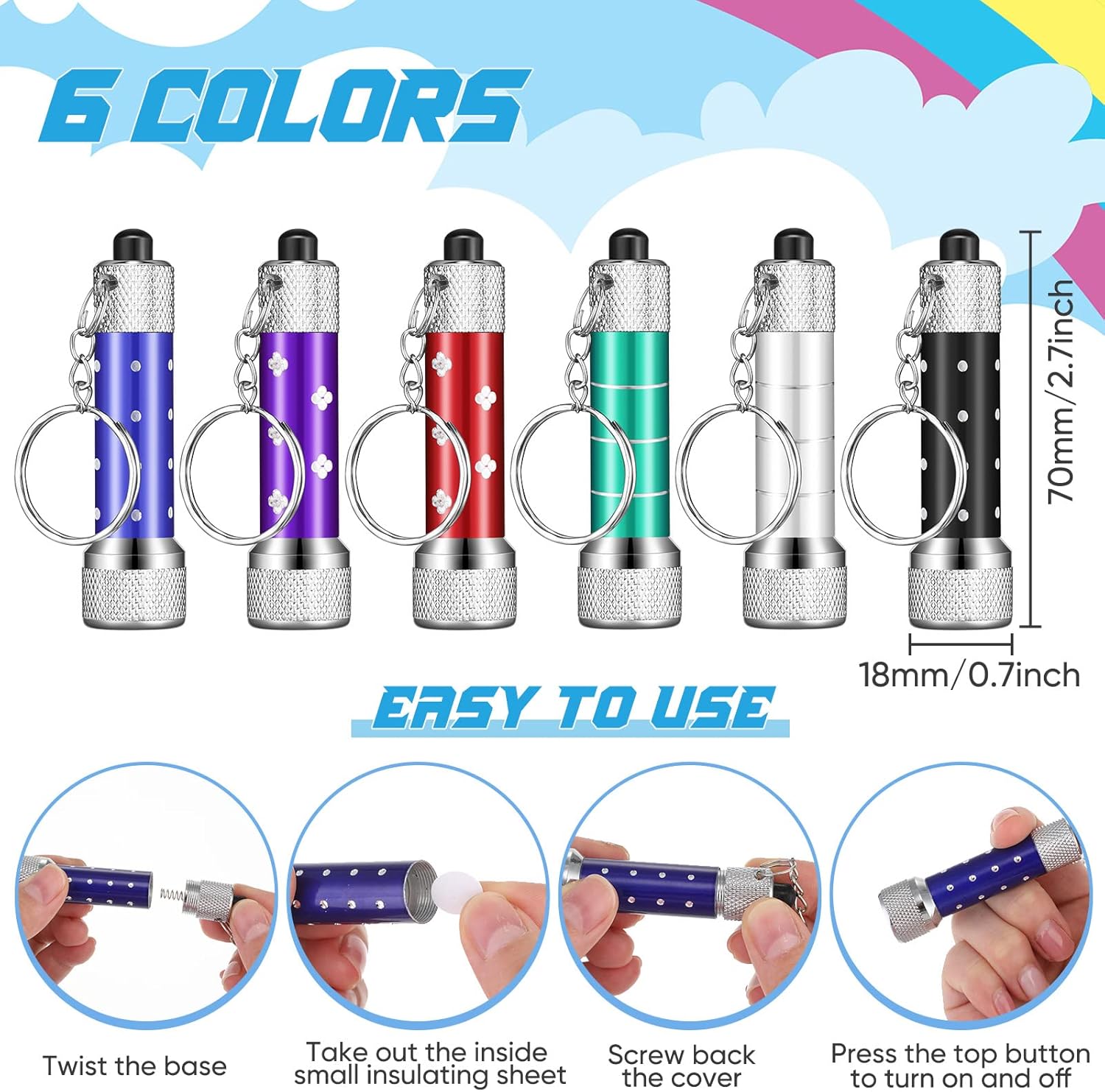 100 llaveros de mini linterna, 5 bombillas, linterna LED, llavero LED de bolsillo brillante, mini linterna de juguete para niños, recuerdos de