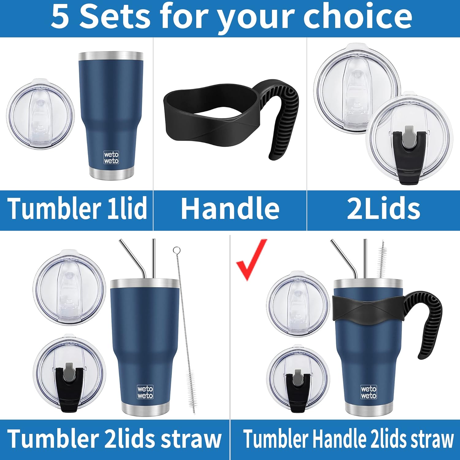 WETOWETO Vaso de 30 onzas con 2 tapas y 2 popotes, vaso de acero inoxidable 188 aislado al vacío con asa, taza de viaje para agua con tapa para