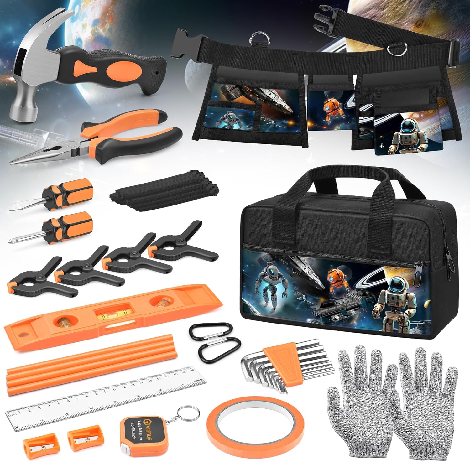 VIGRUE Juego de herramientas para niños, kit de herramientas manuales reales con cinturón y bolsa, accesorios de aprendizaje pequeños para