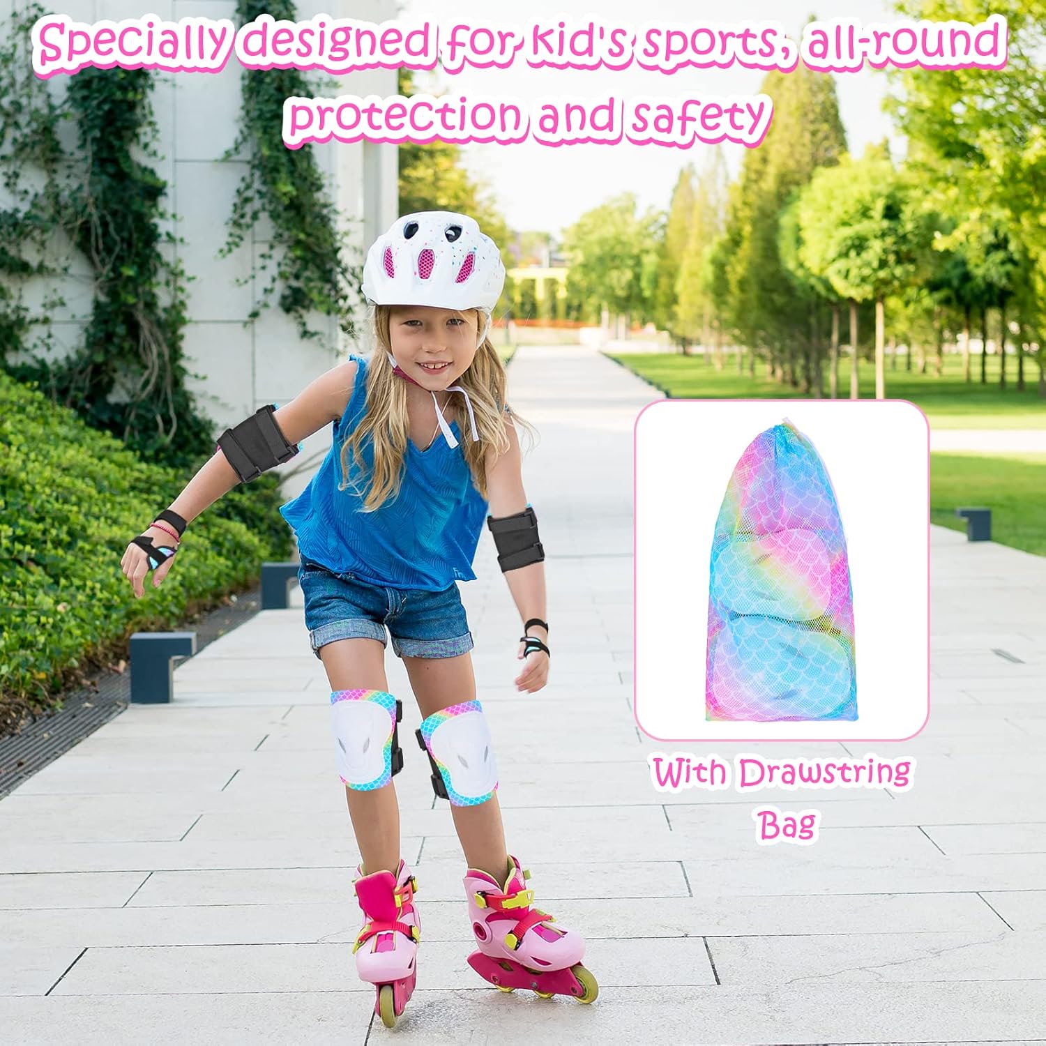 Rodilleras para niños, coderas, muñequeras con bolsa de malla con cordón, juego de equipo de protección 7 en 1 para niñas y niños para patinaje,