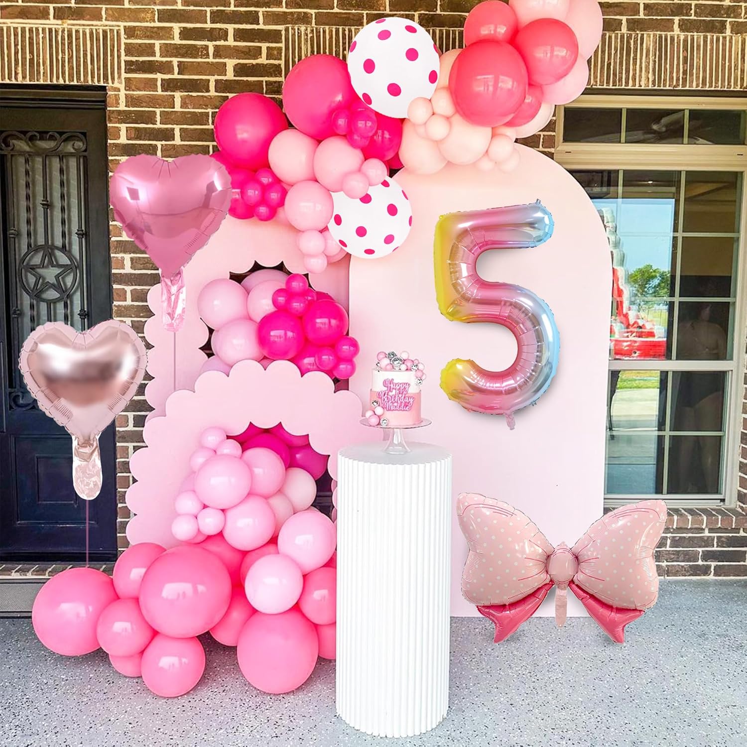 14 globos de fiesta de ratón, con lazo rosa, globos metálicos de papel de aluminio rosa intenso, incluye globo de cumpleaños del número 5, arco