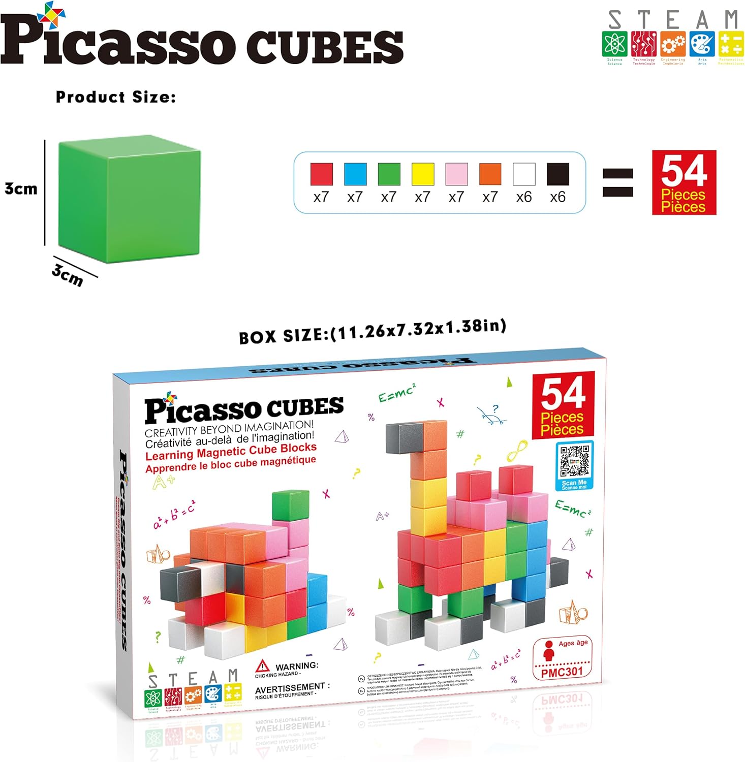 PicassoTiles Bloques de construcción de cubos magnéticos, 54 piezas de 1.2 pulgadas de 1.2 in, cubos magnéticos, juguete de construcción, juguetes