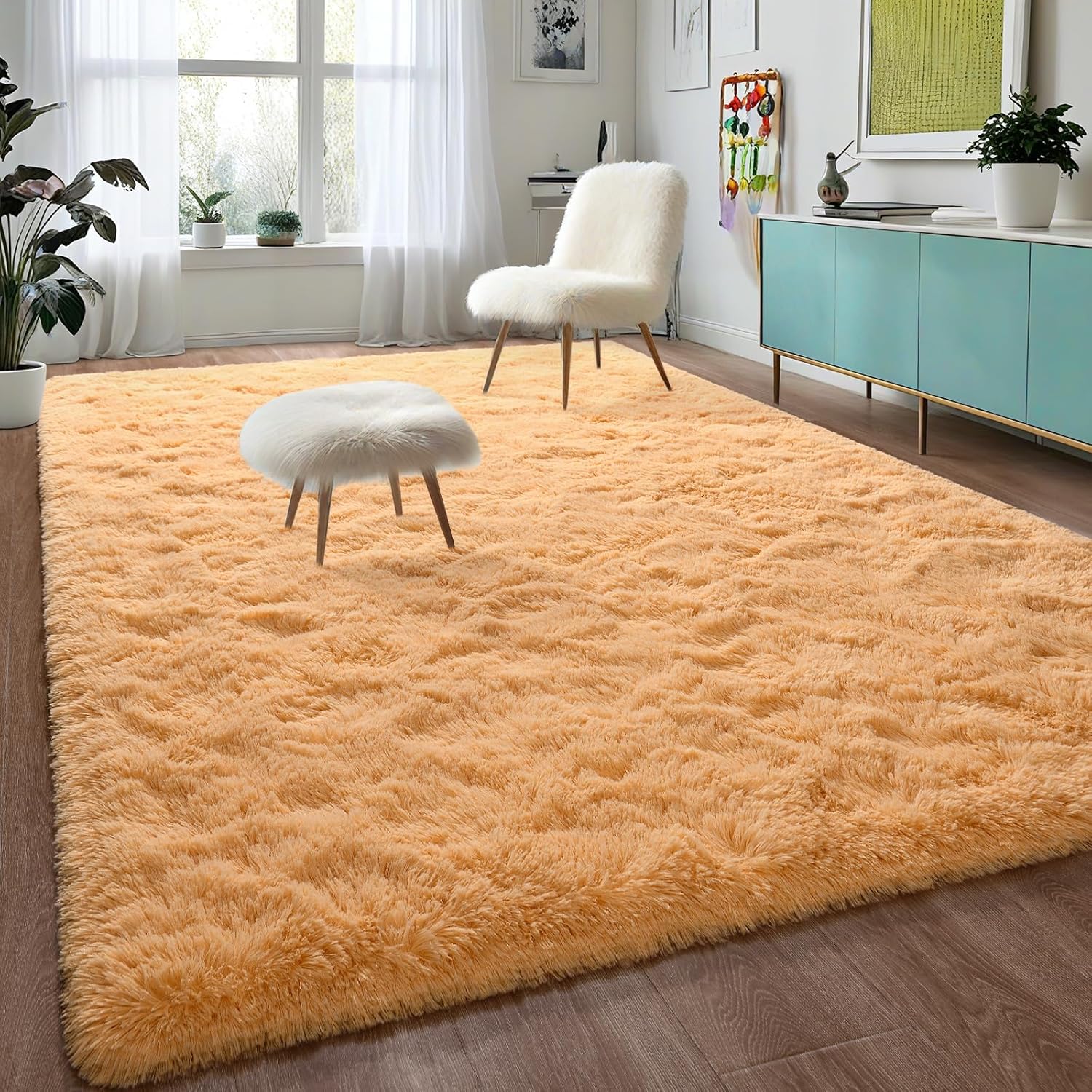 DweIke – Alfombras de área peludas supersuaves y mullidas de 6 x 9 pies, color naranja claro, para sala de estar, dormitorio, habitación de niñas y