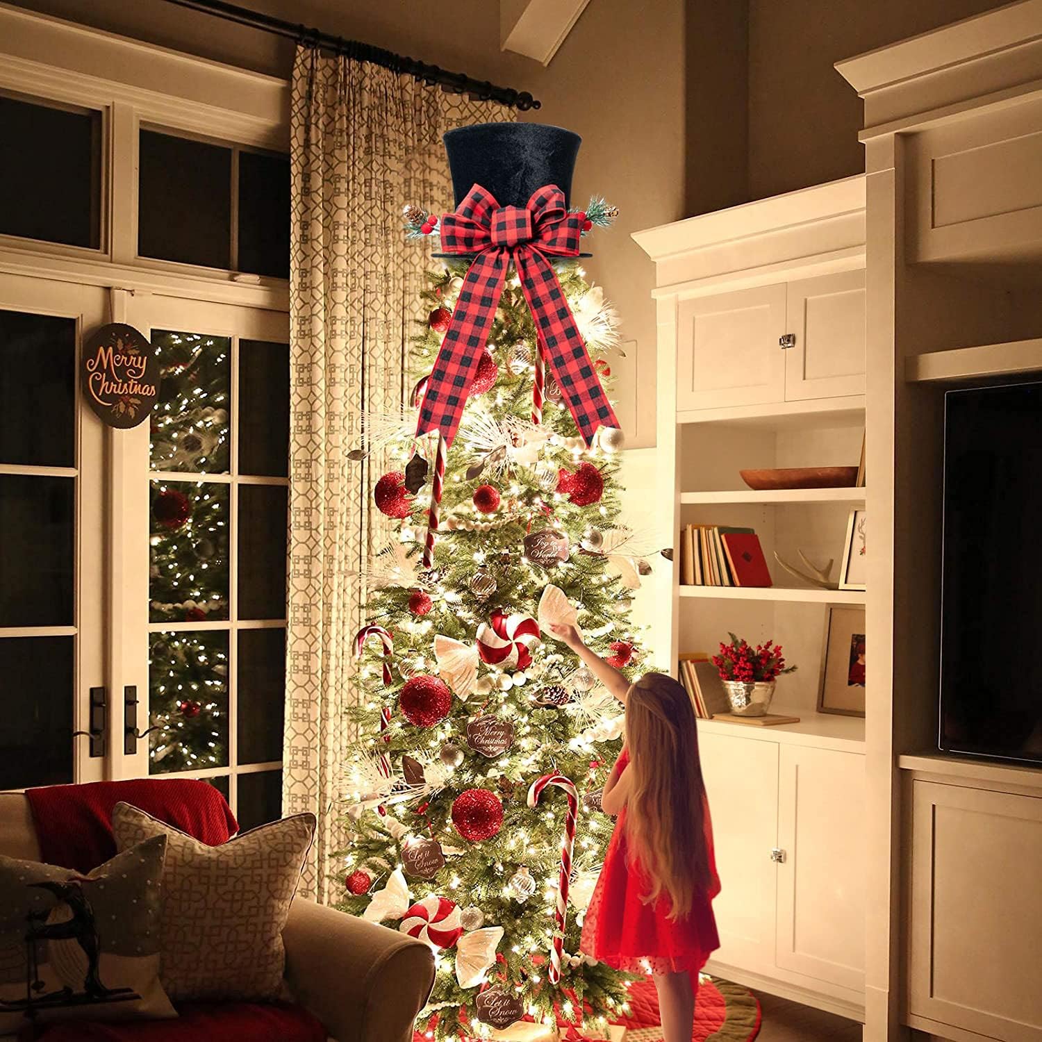 HMASYO – Sombrero de adorno para árbol de Navidad, sombrero de terciopelo negro grande con lazo rojo a cuadros y cinta alargada, decoraciones de