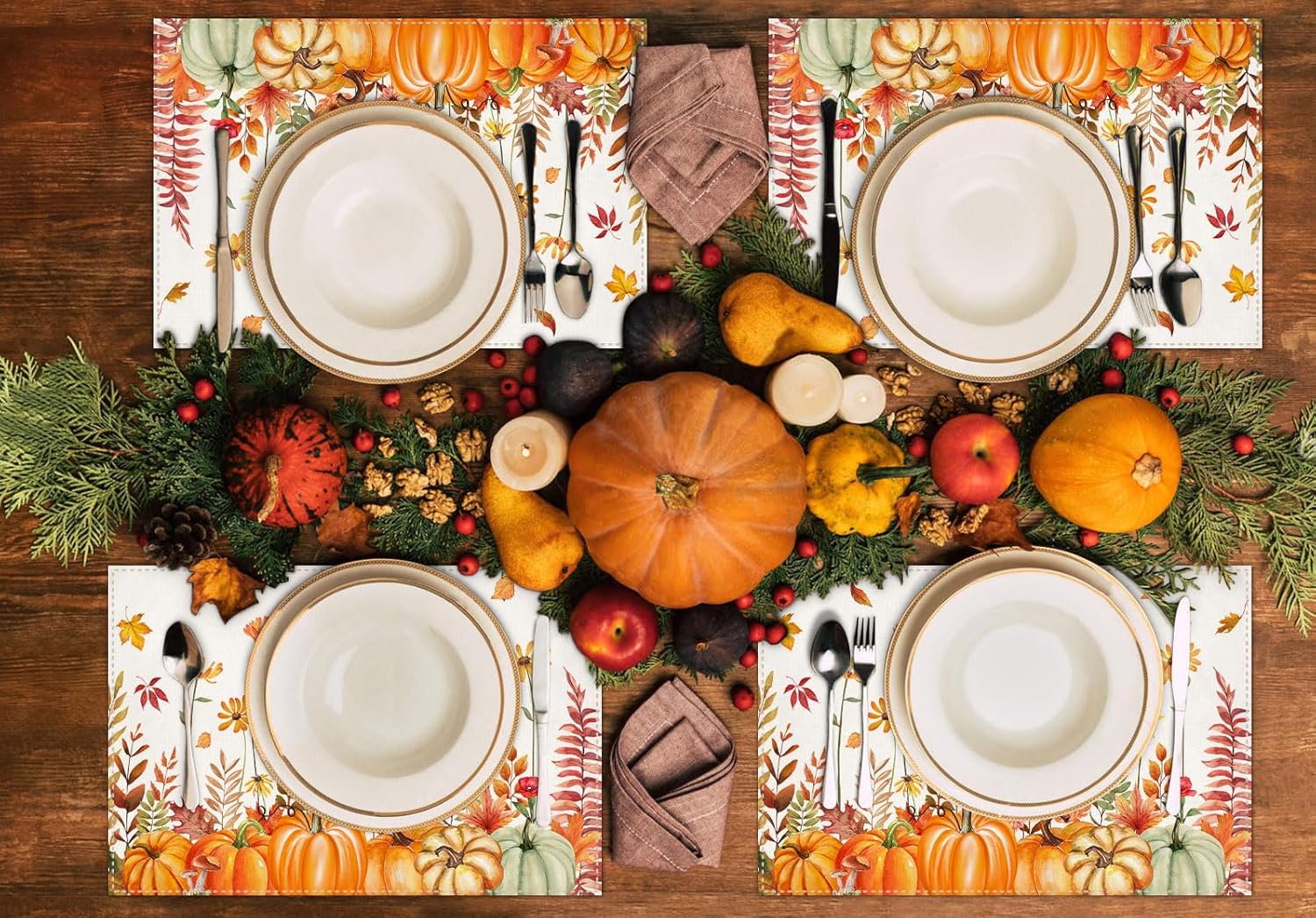 BLKWHT Manteles individuales florales de calabaza de otoño para mesa de comedor, 12 x 18 pulgadas, decoración rústica y lavable, juego de 4 manteles