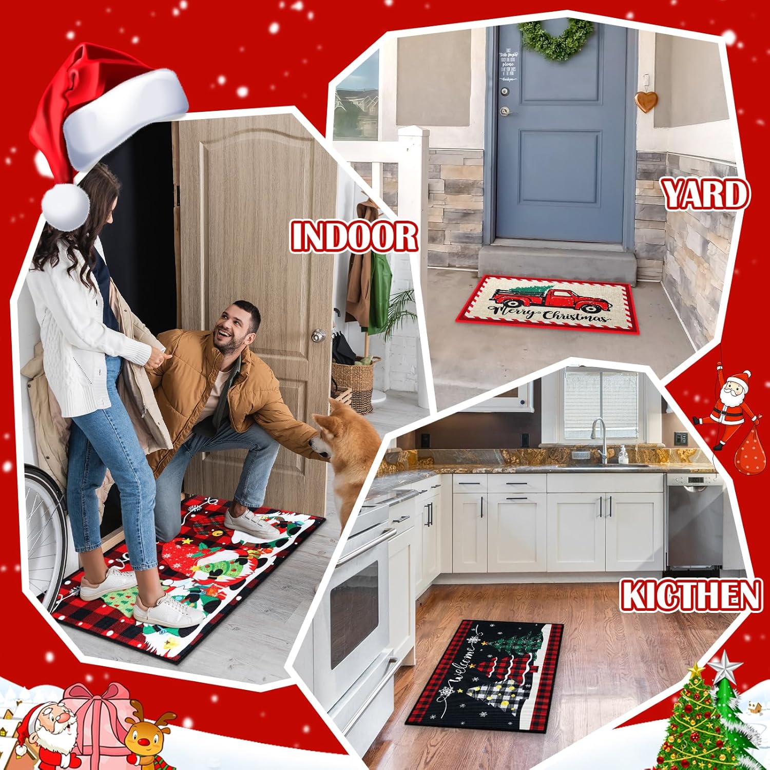 Geelin 3 tapetes de Navidad con gnomo de bienvenida, para árbol de Navidad, camión, para interiores y exteriores, tapete antideslizante para porche