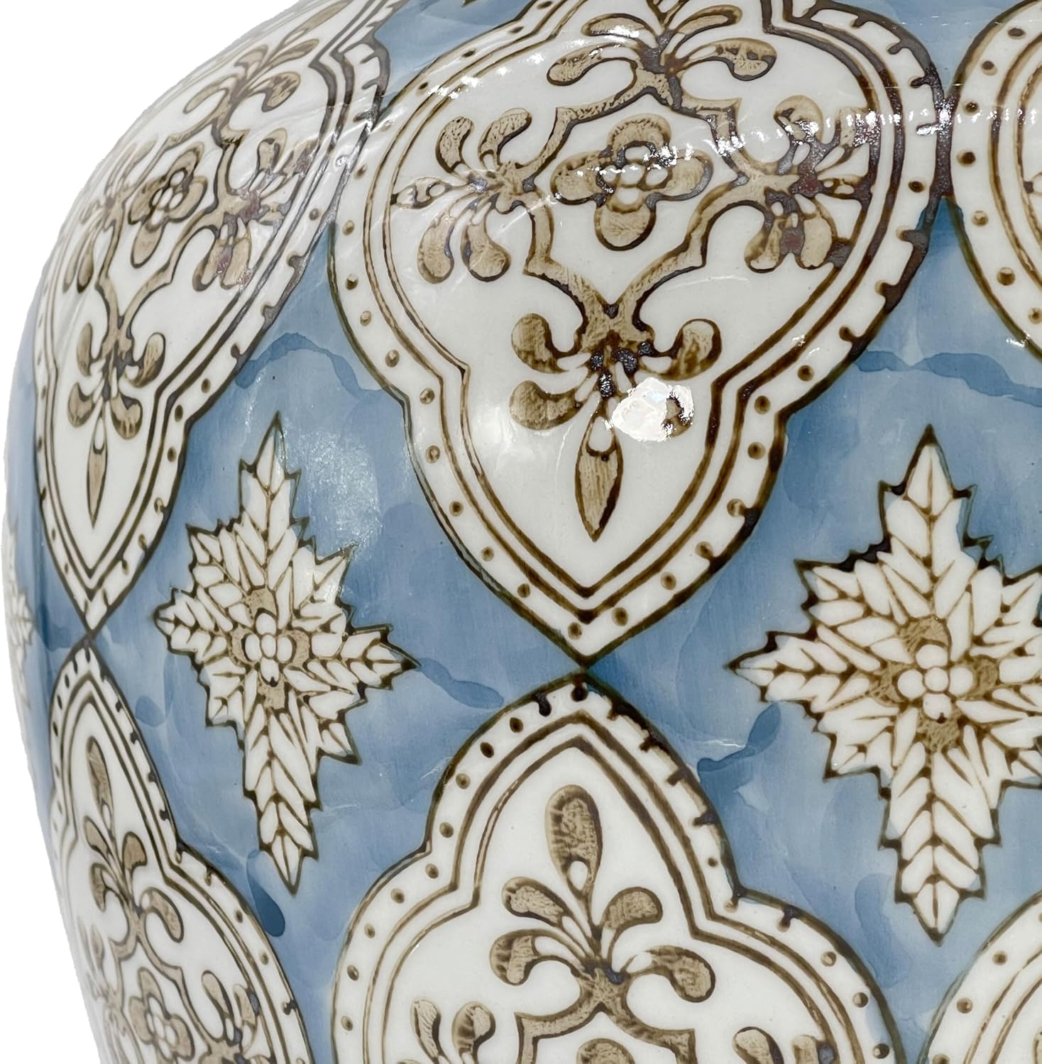 Galt International Tarro de jengibre de cerámica de mosaico pintado a mano azul claro y marrón de 18 pulgadas con tapa, porcelana chinoiserie