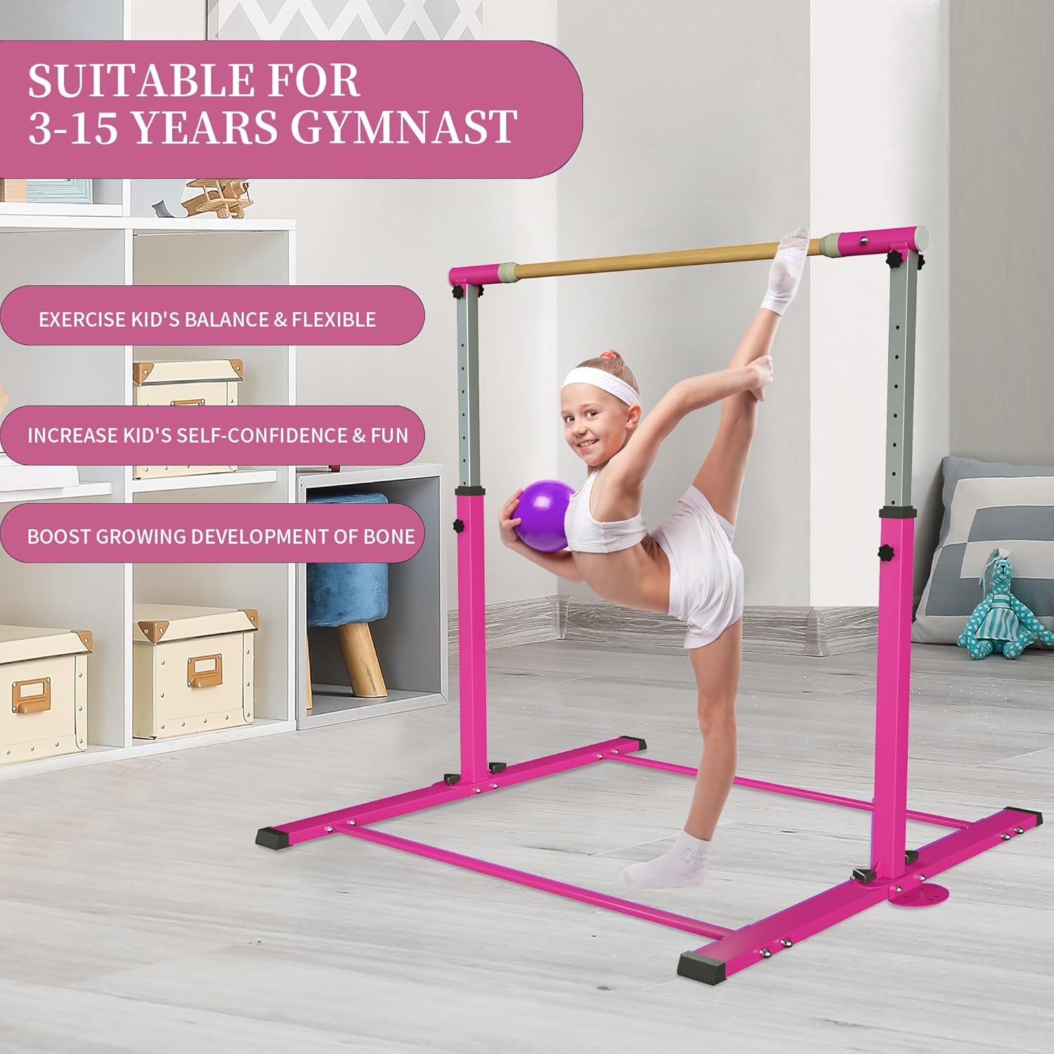 YIintruan – Barra de gimnasia horizontal para niños y niñas jóvenes, altura ajustable de 3 a 5 pies, equipo de gimnasio en casa, ideal para