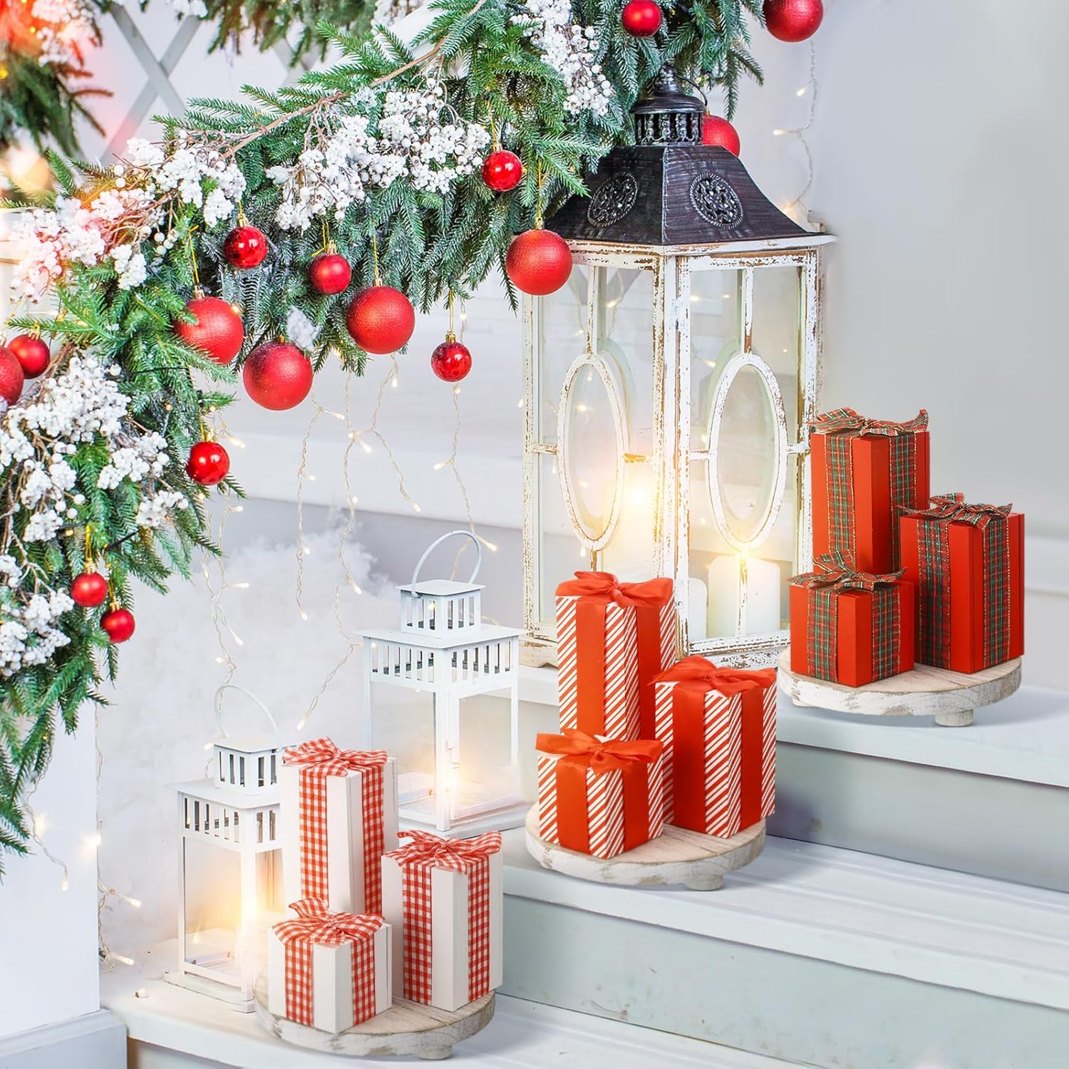 Namalu Juego de 9 piezas de 3 piezas de madera rústica de Navidad, bloques de madera sintética, centros de mesa de Navidad para mesas, decoración de