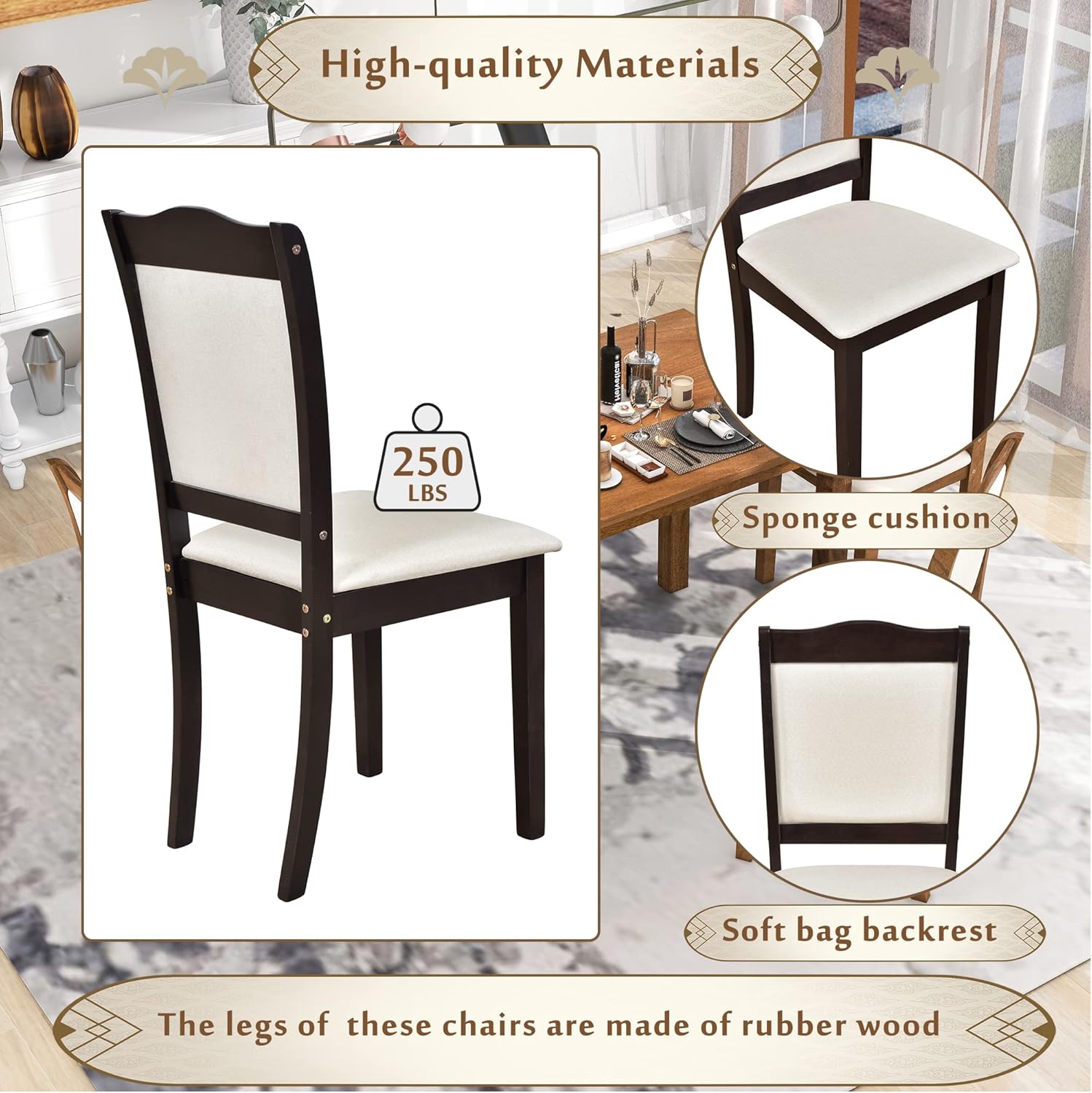 FIQHOME Juego de comedor de madera de 5 piezas, mesa rectangular de estilo simple americano con sillas tapizadas para espacio, color espresso
