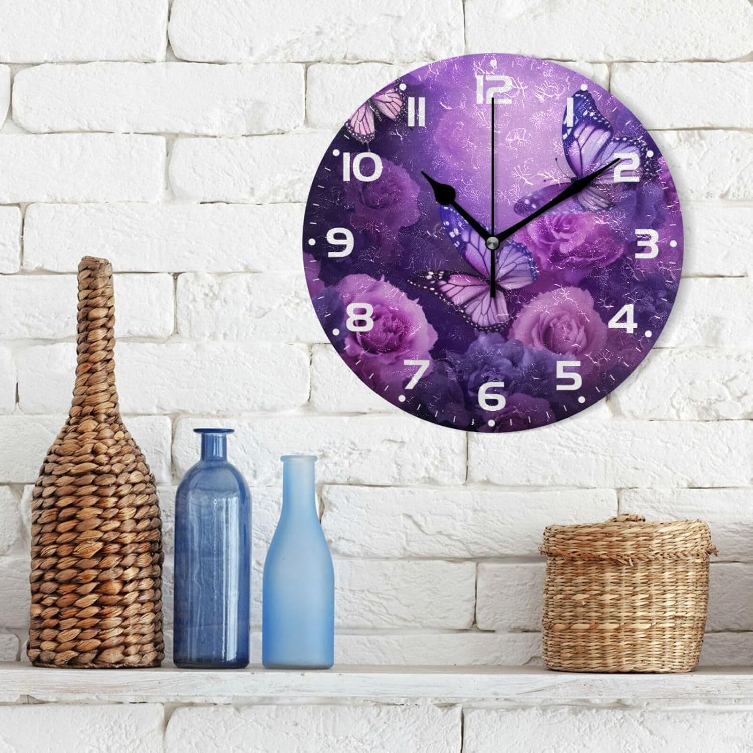 Reloj de pared de mariposa morado, silencioso sin tictac, funciona con pilas, reloj redondo decorativo creativo para cocina, sala de estar, baño,