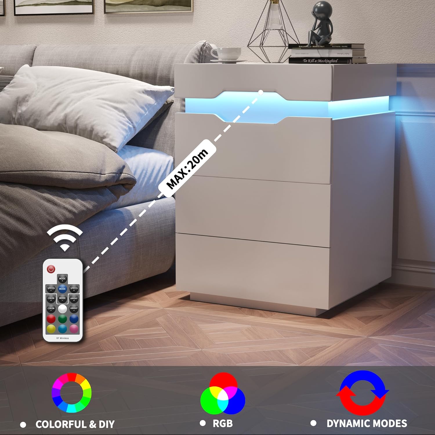 YESHOMY Juego de 2 mesitas de noche LED con estación de carga, 3 cajones para dormitorio, sala de estar, gran capacidad, 27.5 pulgadas de altura,