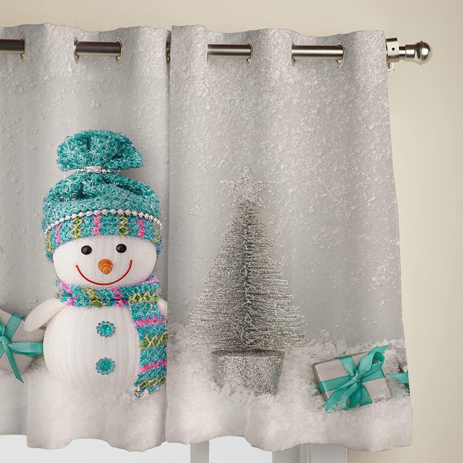 Libaoge Curtains Panels for Kitchen Modern Cute Smile Snowman with a Green Hat Gray Texture Window Curtains Light Filtering Grommet Top Drapes for