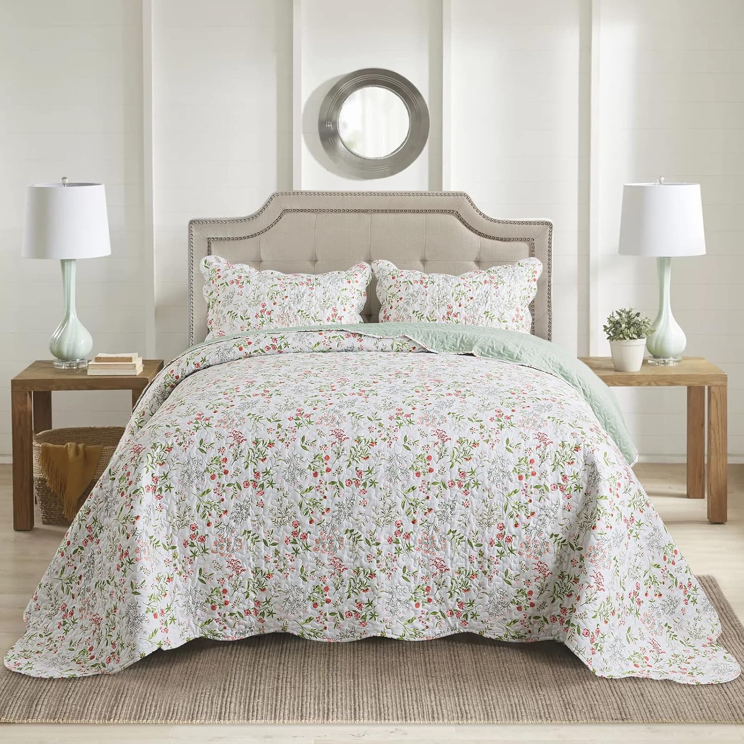 HoneiLife Colcha floral tamaño King  Juego de edredón de microfibra de 3 piezas, colchas ligeras de flores silvestres, funda de cama natural, juego