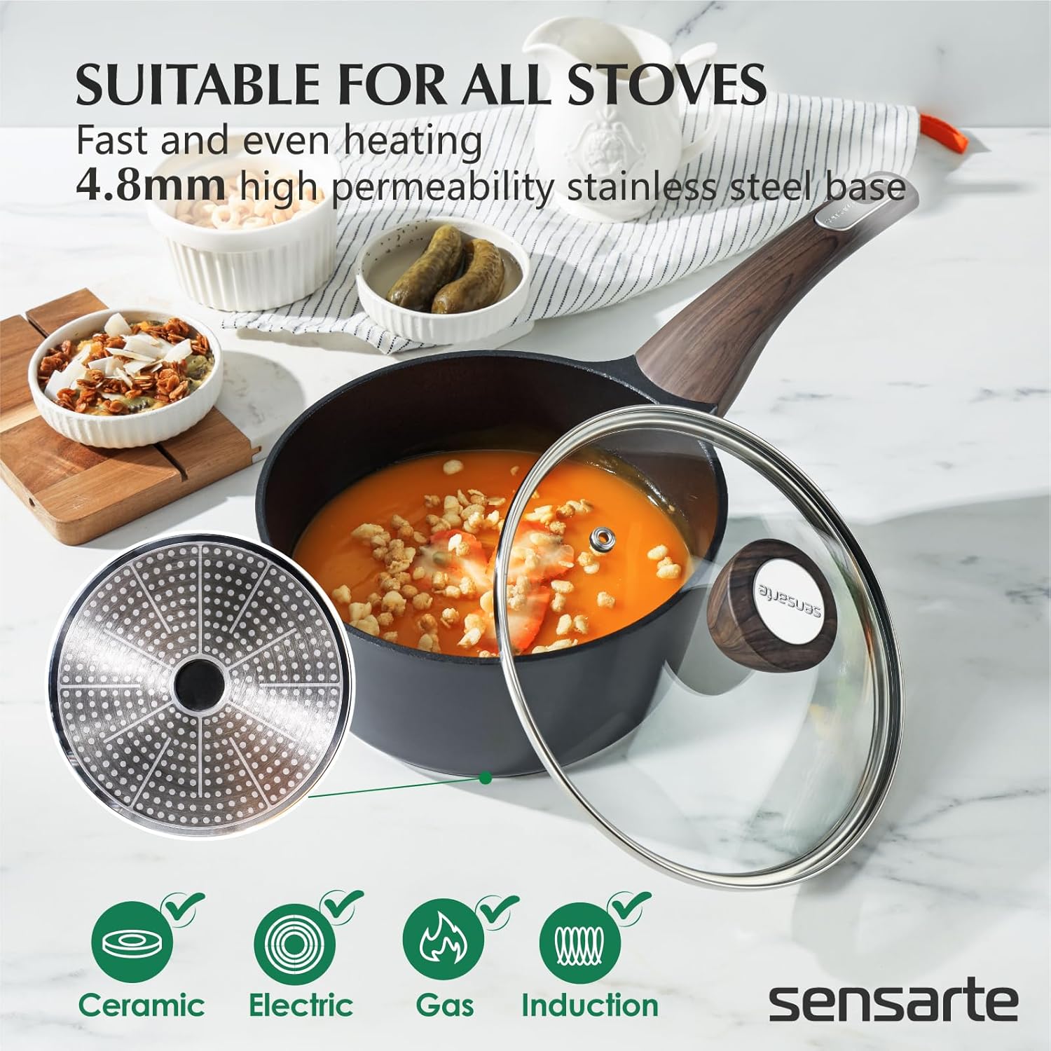 SENSARTE Juego de 4 utensilios de cocina antiadherentes, ollas y sartenes, sartén de 1.5 cuartos de galón con tapa y olla de 4.5 cuartos de galón,