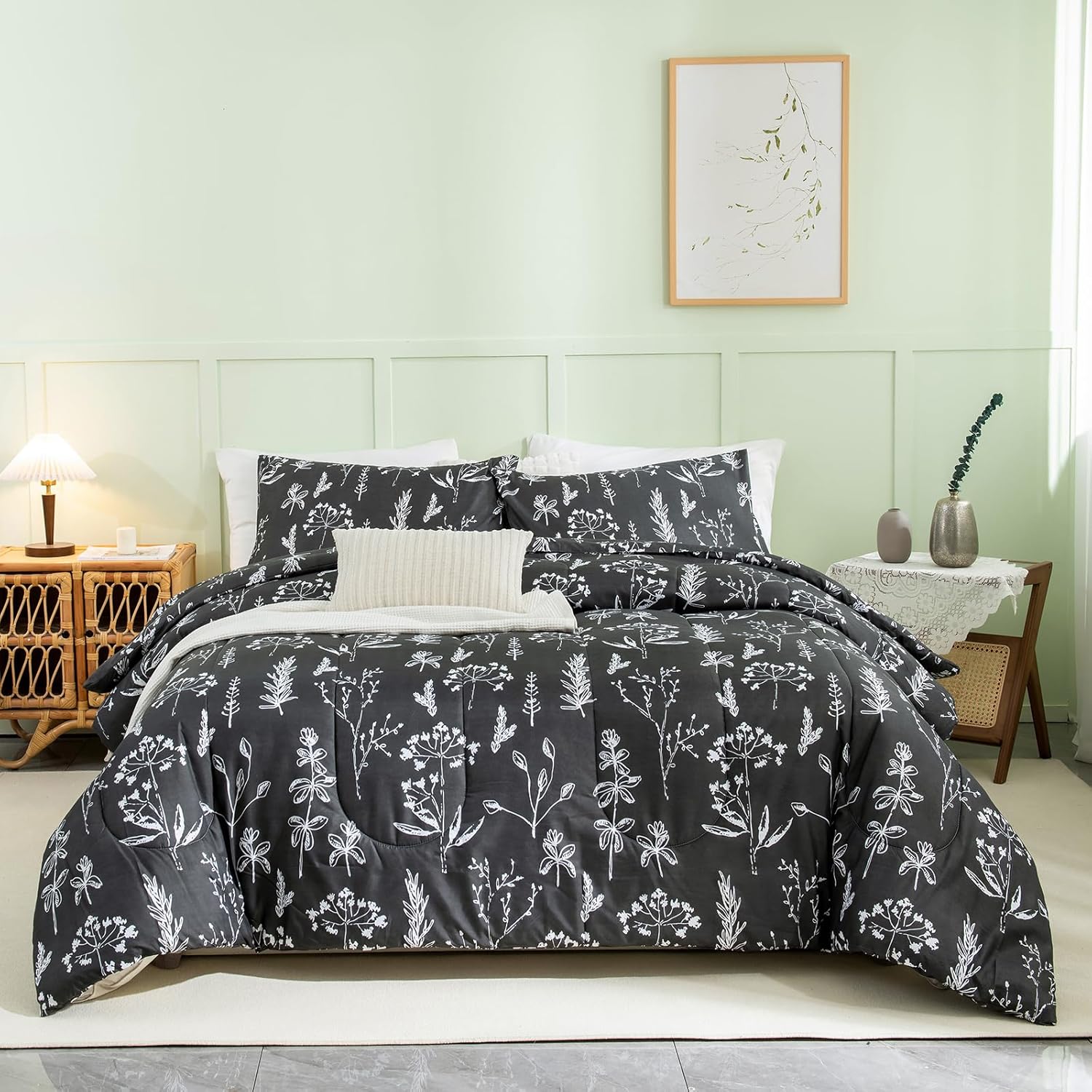 Herside Juego de edredón floral negro tamaño Queen, juegos de ropa de cama de granja, edredón floral suave y ligero con plantas, juego de ropa de