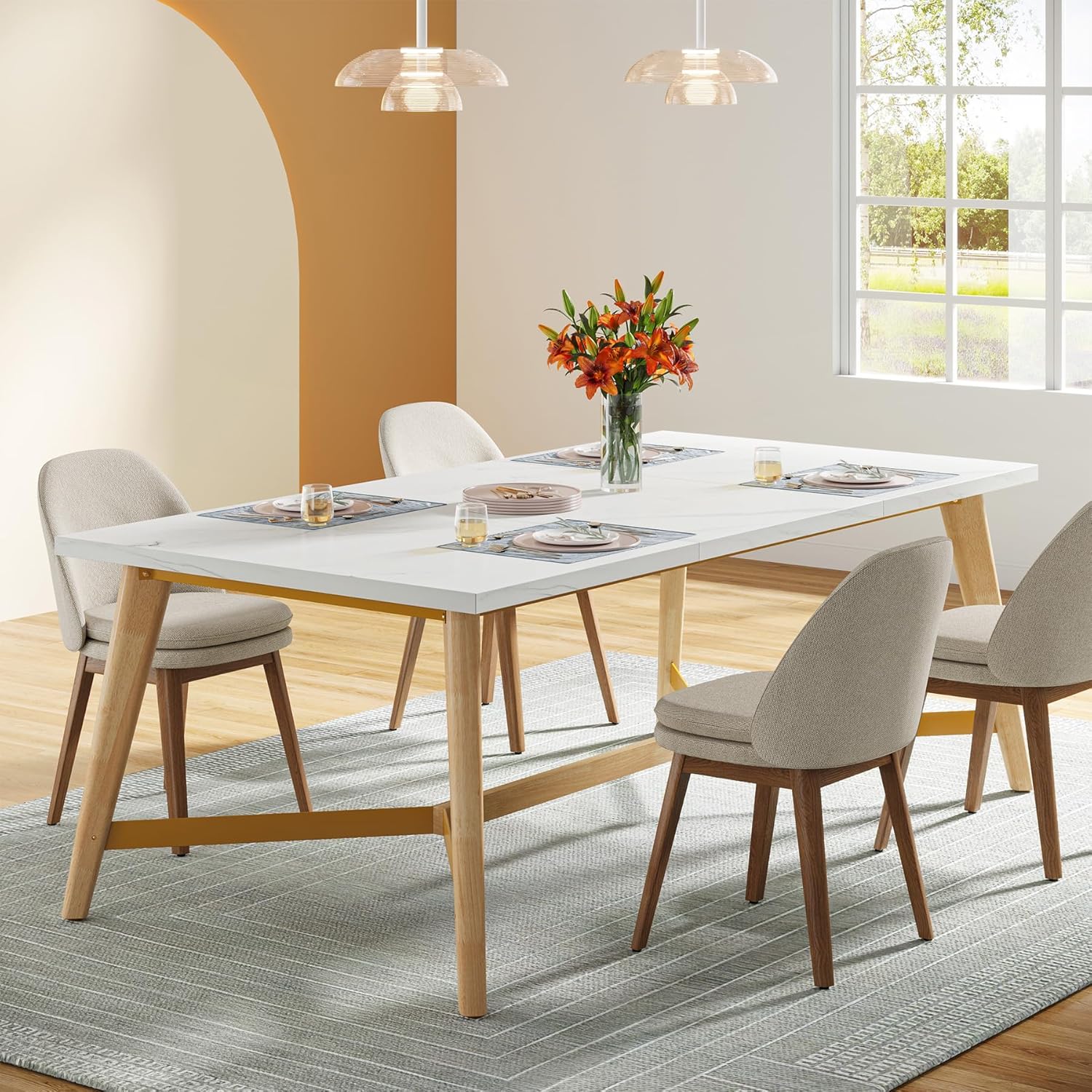Tribesigns Mesa de comedor para 6-8 personas, mesa de cocina rectangular de 70.9 pulgadas con patas de madera maciza, mesa de comedor de madera de