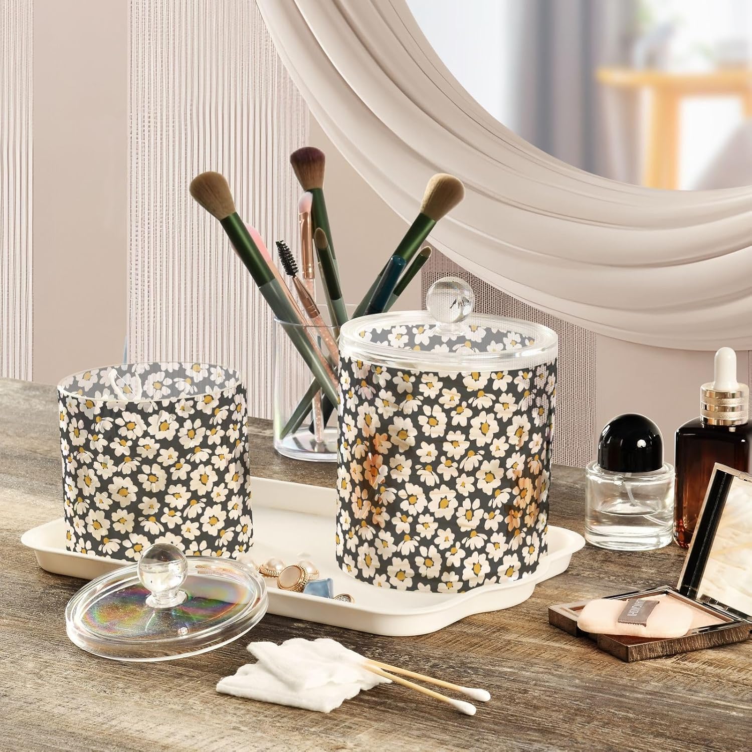 Daisy Flowers Jars with Lids Small Jars Bathroom Storage Containers Canisters Cotton Round Holder for Dorm Room Essentials for College Students Girls