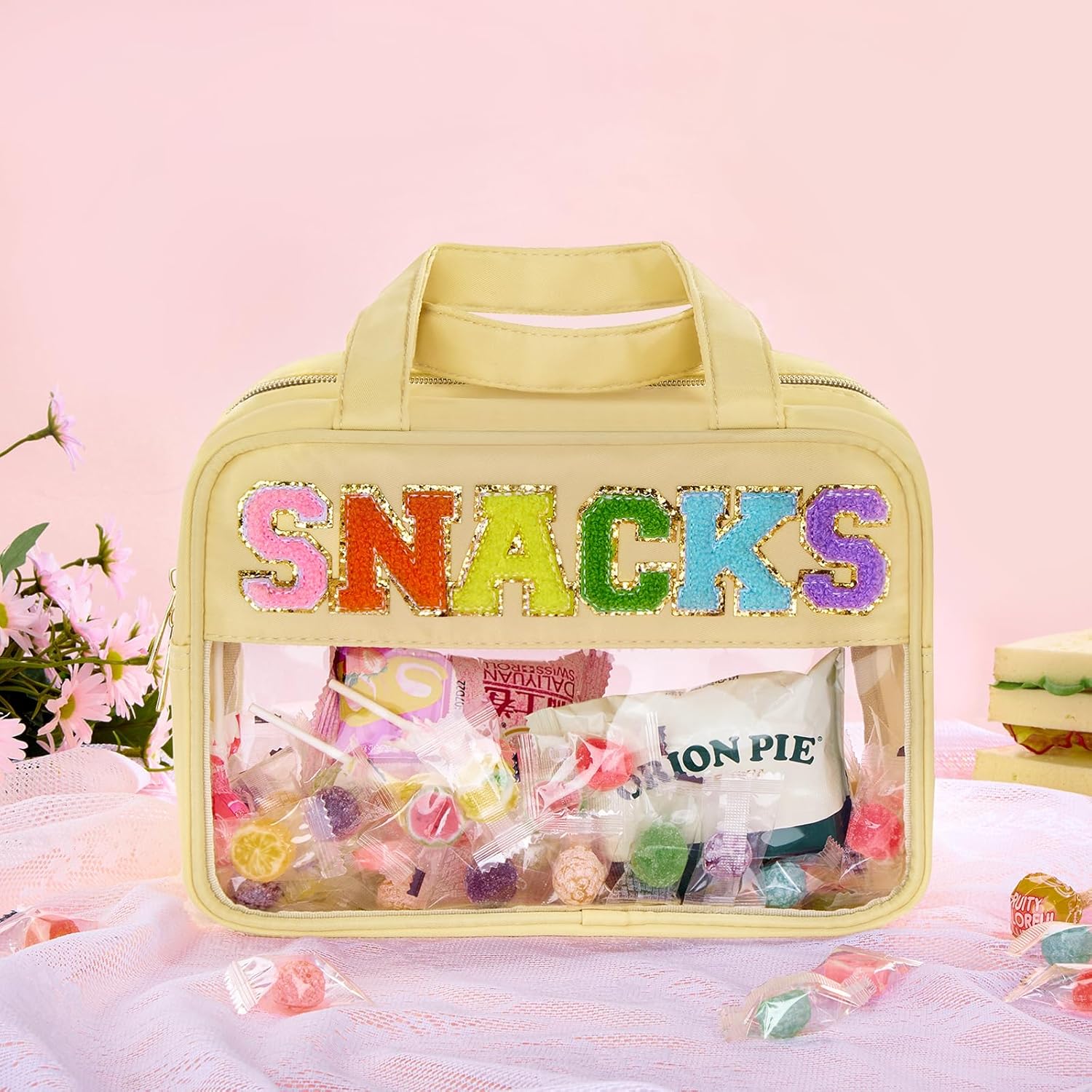 Bolsa de maquillaje transparente con letras de chenilla, bolsa de cosméticos de preparación con cremallera, bolsa de cosas impermeable para