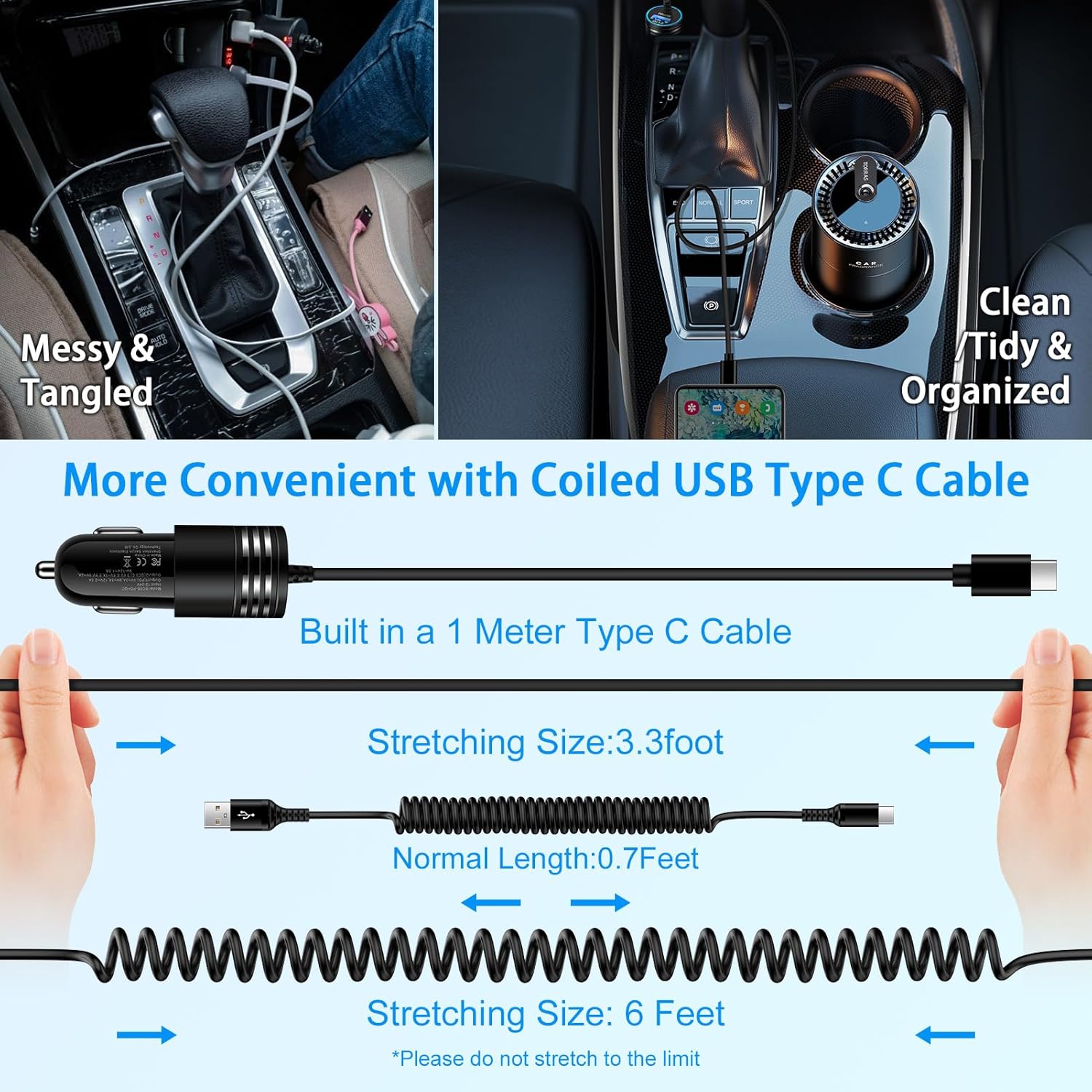Cargador de coche Android Auto de 48 W, cable USB C retráctil para teléfono rápido, cable de carga en espiral tipo C de 3 pies y 6 pies para Samsung
