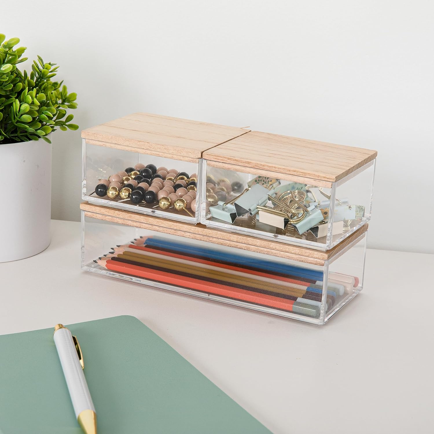Martha Stewart Brody – Contenedores organizadores de plástico con tapas de madera de paulownia para oficina en casa, cocina o baño, paquete de 3, 2
