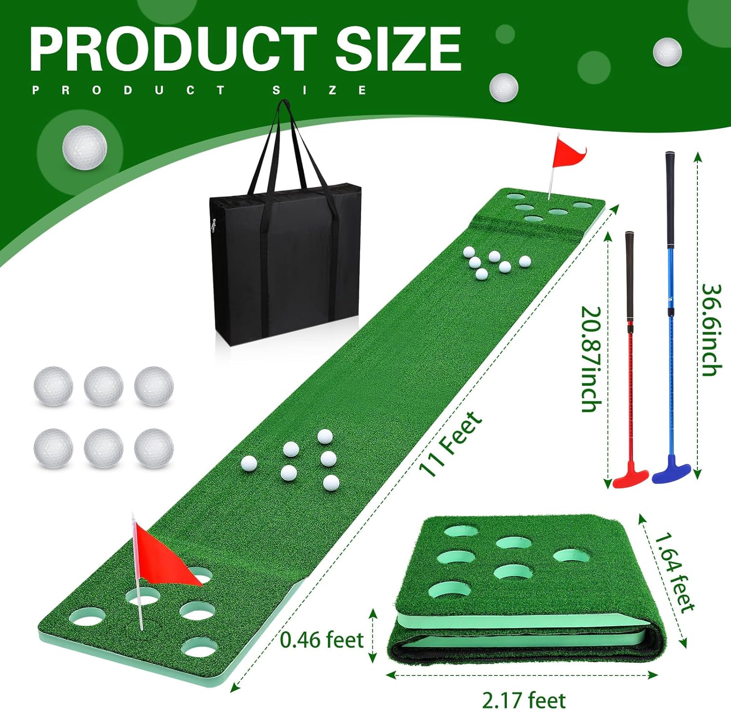 Juego de putting de golf de 11 pies, cubierta de 2 agujeros con bandera, 6 pelotas de golf, 10 cubiertas para agujeros de golf, 1 bolsa, 2 tapetes