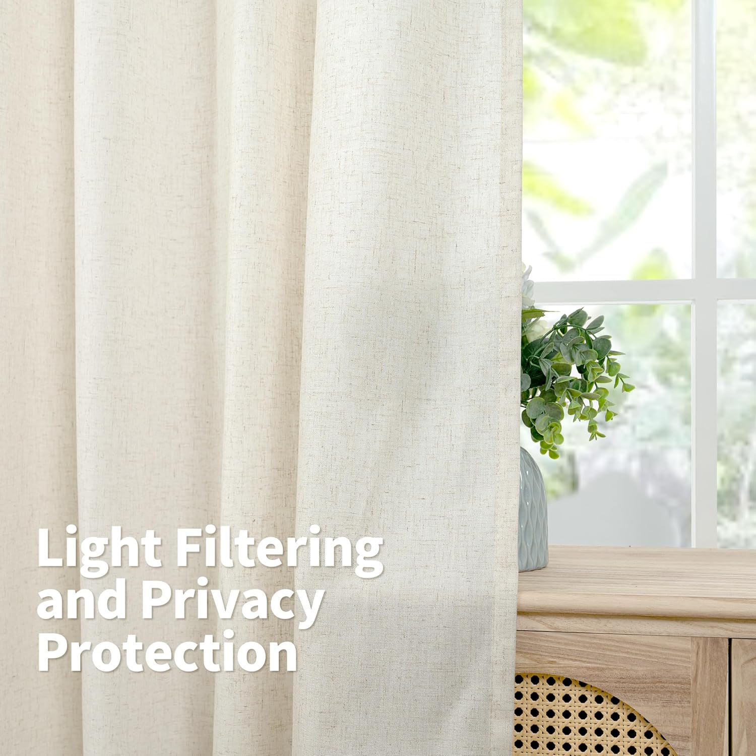 YoungsTex Cortinas de lino natural de 95 pulgadas de largo para sala de estar, filtrante de luz, con ojales, cortinas largas de lino para ventana de