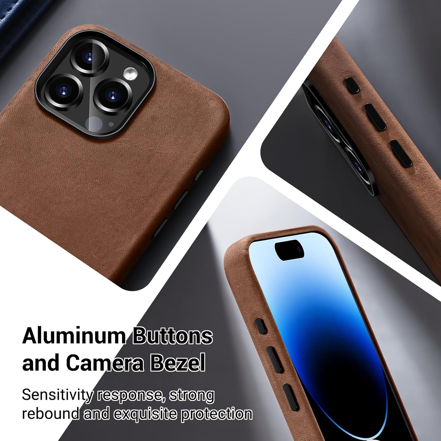 Belemay Magsafe – Funda de piel compatible con iPhone 15 Pro, piel de caballo loco vintage de grano superior, botones de metal y bisel de la cámara,