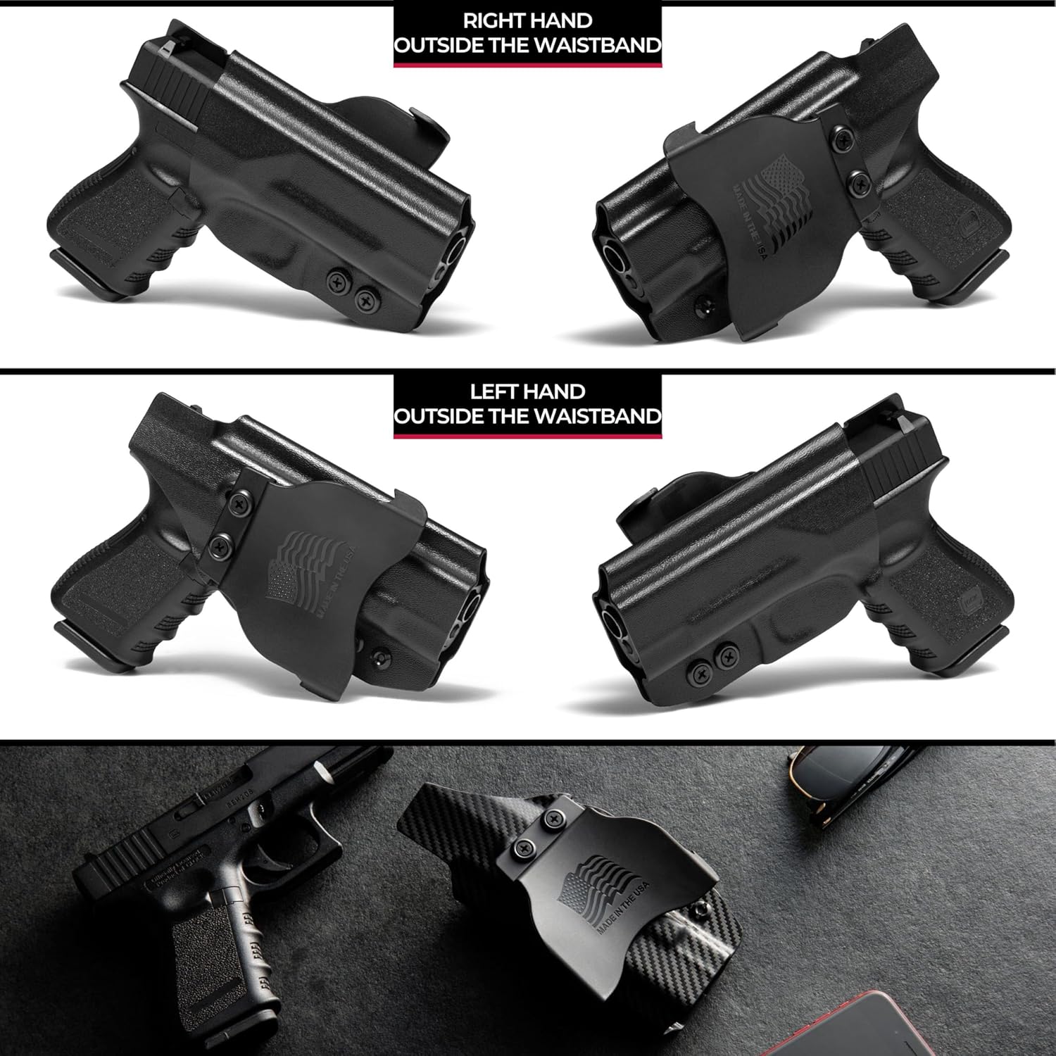 Funda redondeada KYDEX de paleta OWB  Retención ‘Posi-Click’  Ajuste personalizado  Inclinación ajustable  100% fabricado en EE. UU.  BLK