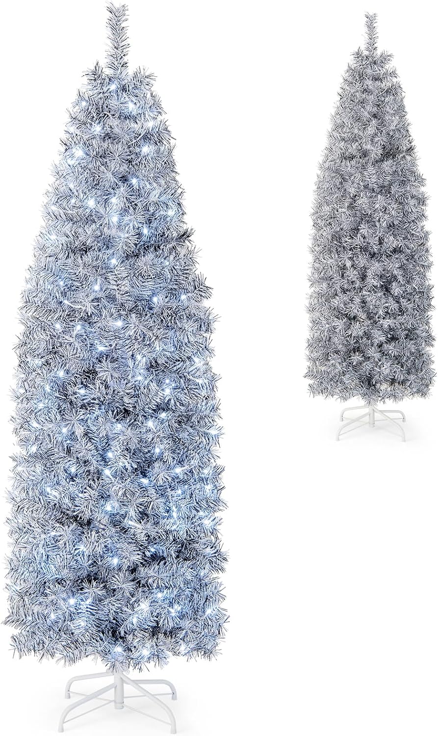 HAPPYGRILL Árbol de Navidad artificial preiluminado de 6 pies, árbol de Navidad con bisagras con 475 puntas de rama, 250 luces LED blancas frías,