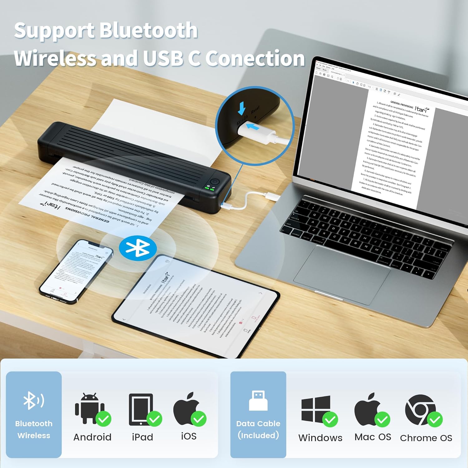 Itari Impresoras portátiles inalámbricas para viajes, M08F Bluetooth impresora térmica A4, 300DPI P831 impresora de transferencia térmica sin tinta
