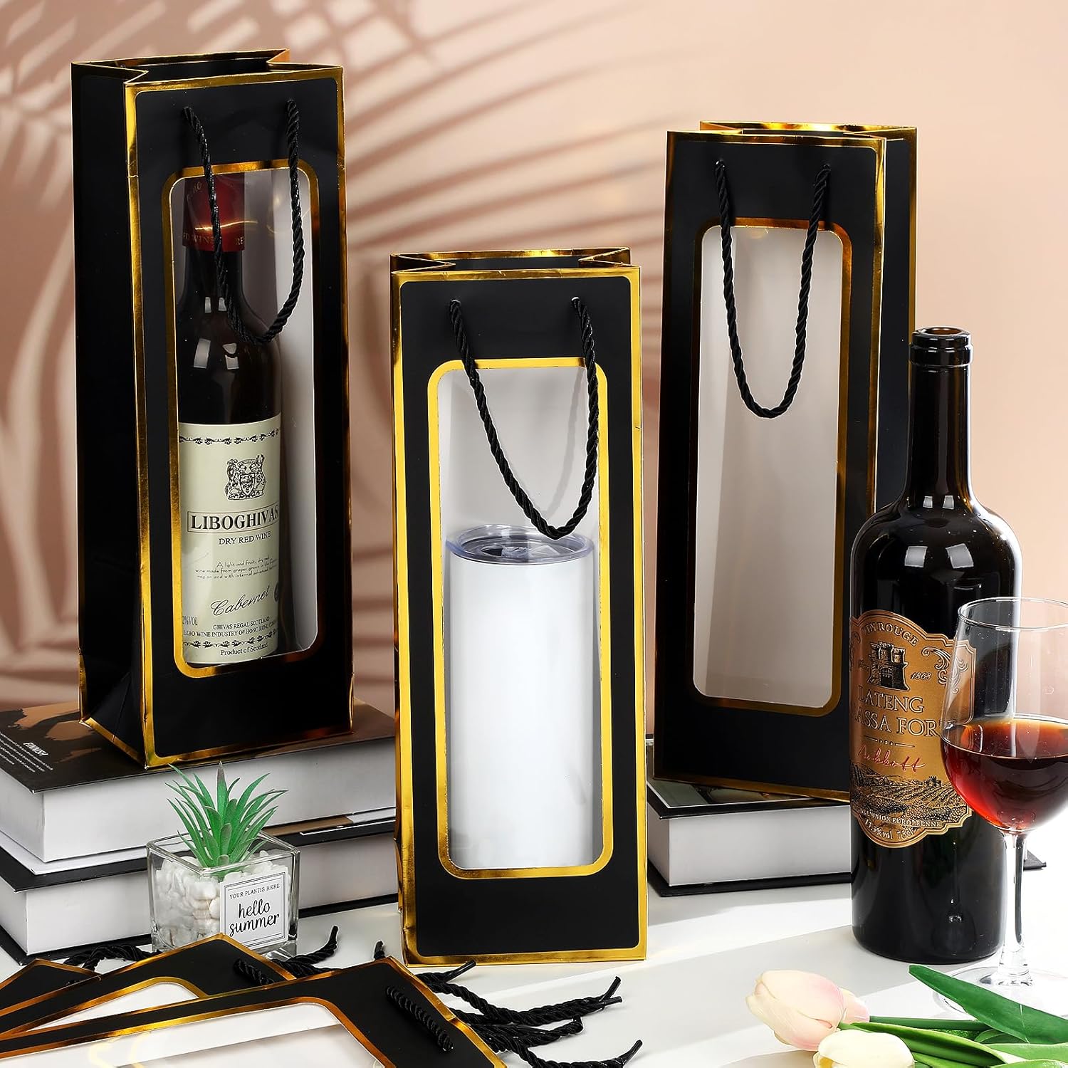 50 bolsas de regalo de vino para botellas de vino de 4.92 x 3.35 x 14.2 pulgadas, reutilizables, transparentes, con asas, para bodas, cumpleaños