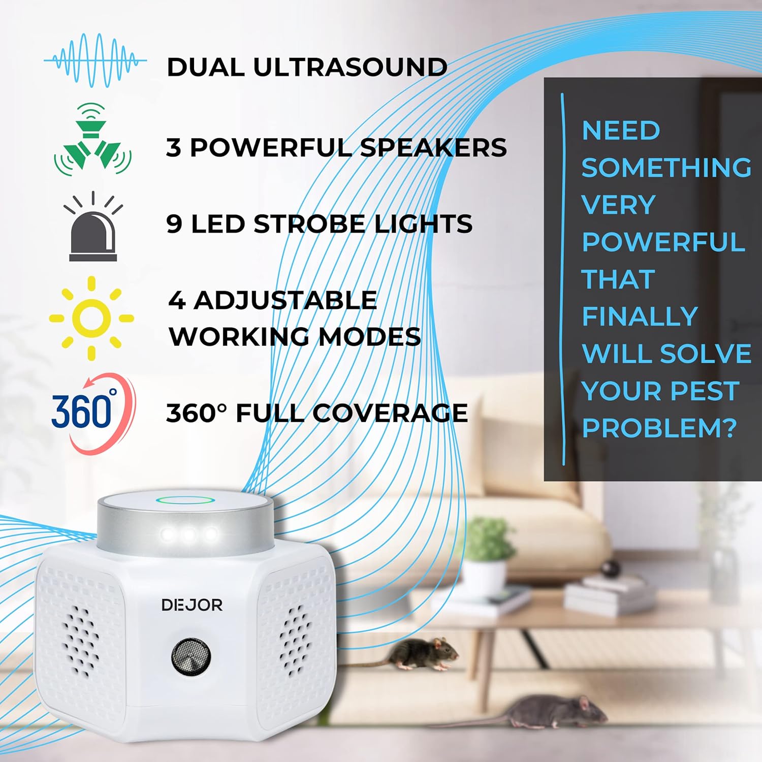 DEJOR Repelente ultrasónico de plagas para interiores, repelente de ratones para casa, roedores, ratones, ratas, disuasorios, ardillas, murciélagos