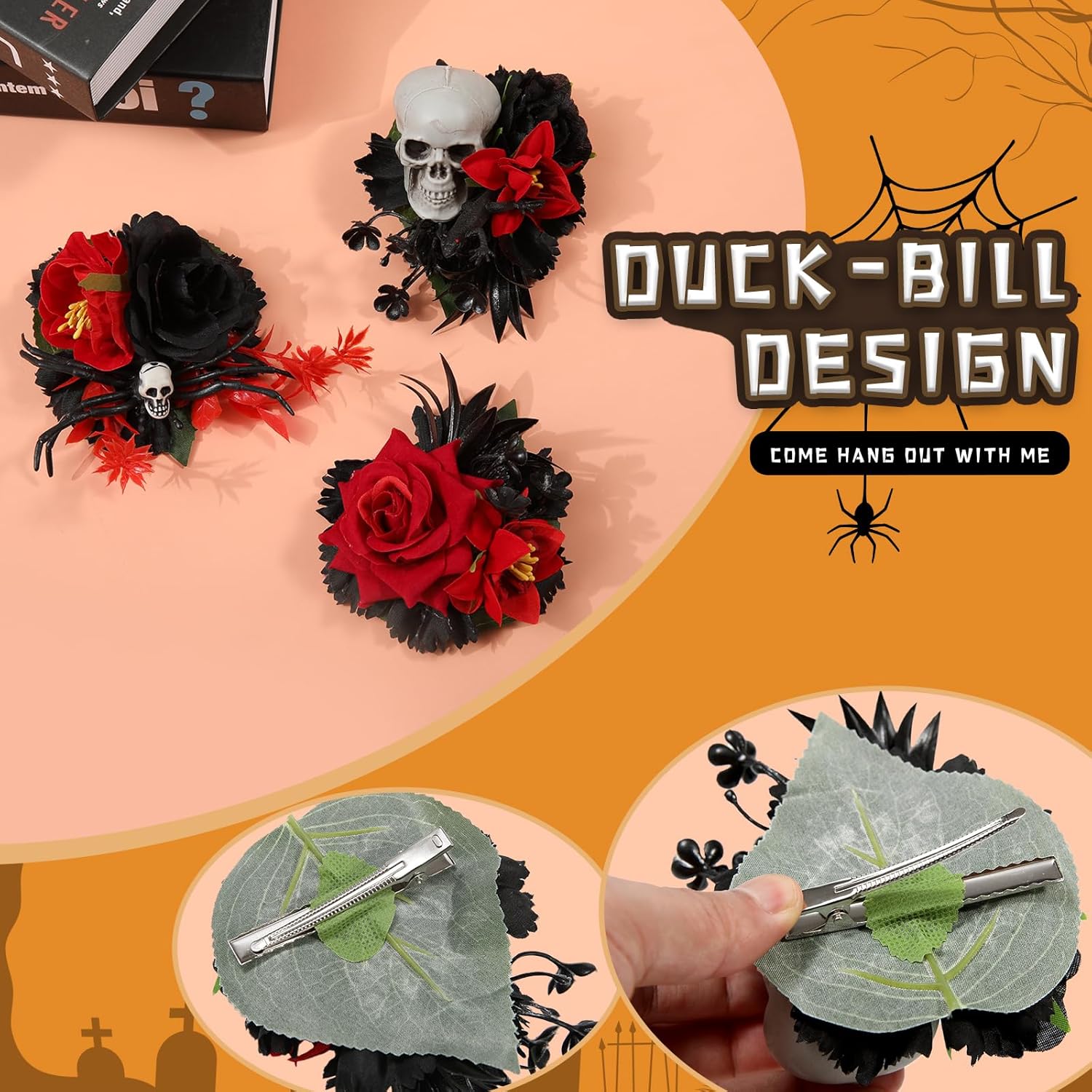 Pinza para el pelo de calavera de Halloween para mujer, 3 pasadores para el cabello con diseño de flor de rosa, horror para mujer, fiestas de