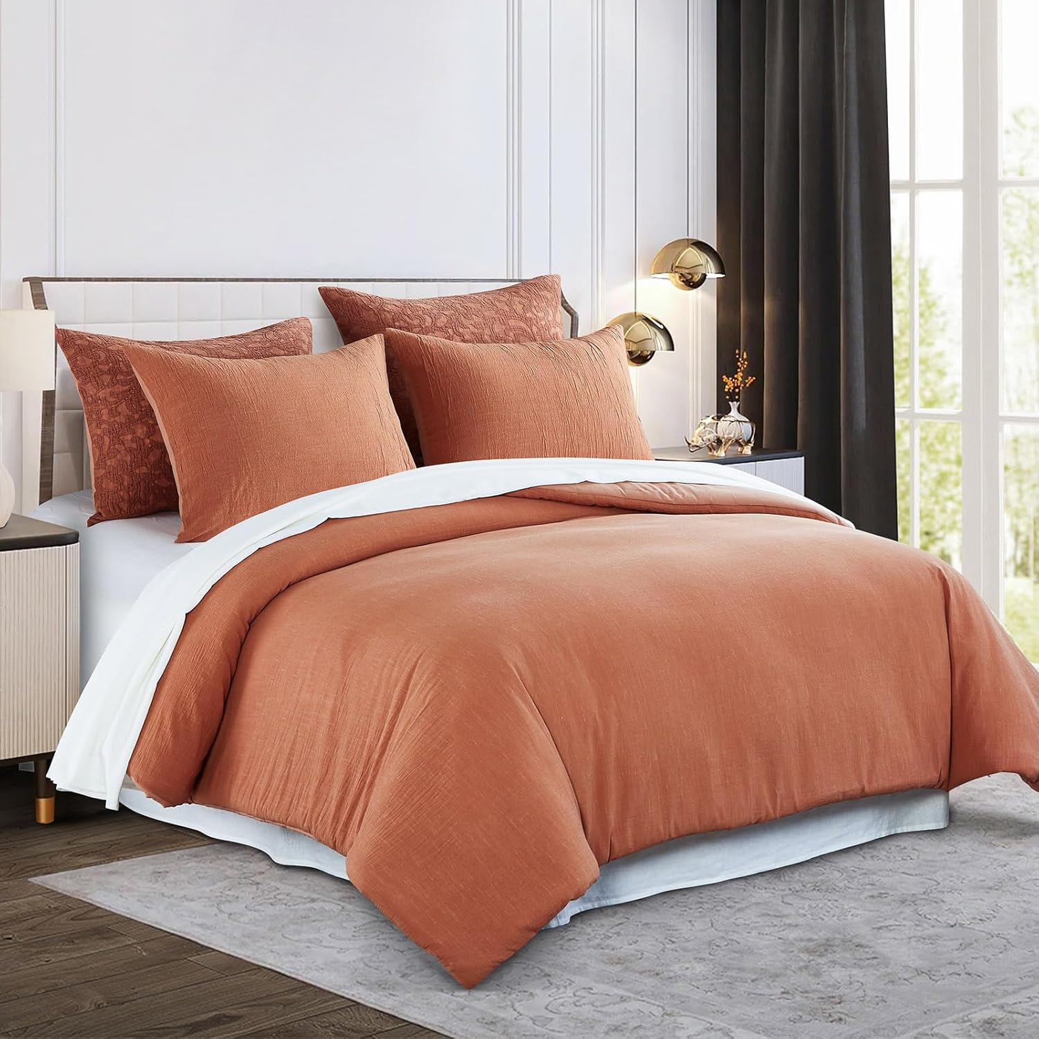 Juego de edredón de lino y algodón tamaño King, color naranja quemado, extra suave, lavado, juego de ropa de cama de 3 piezas (1 edredón, 2 fundas