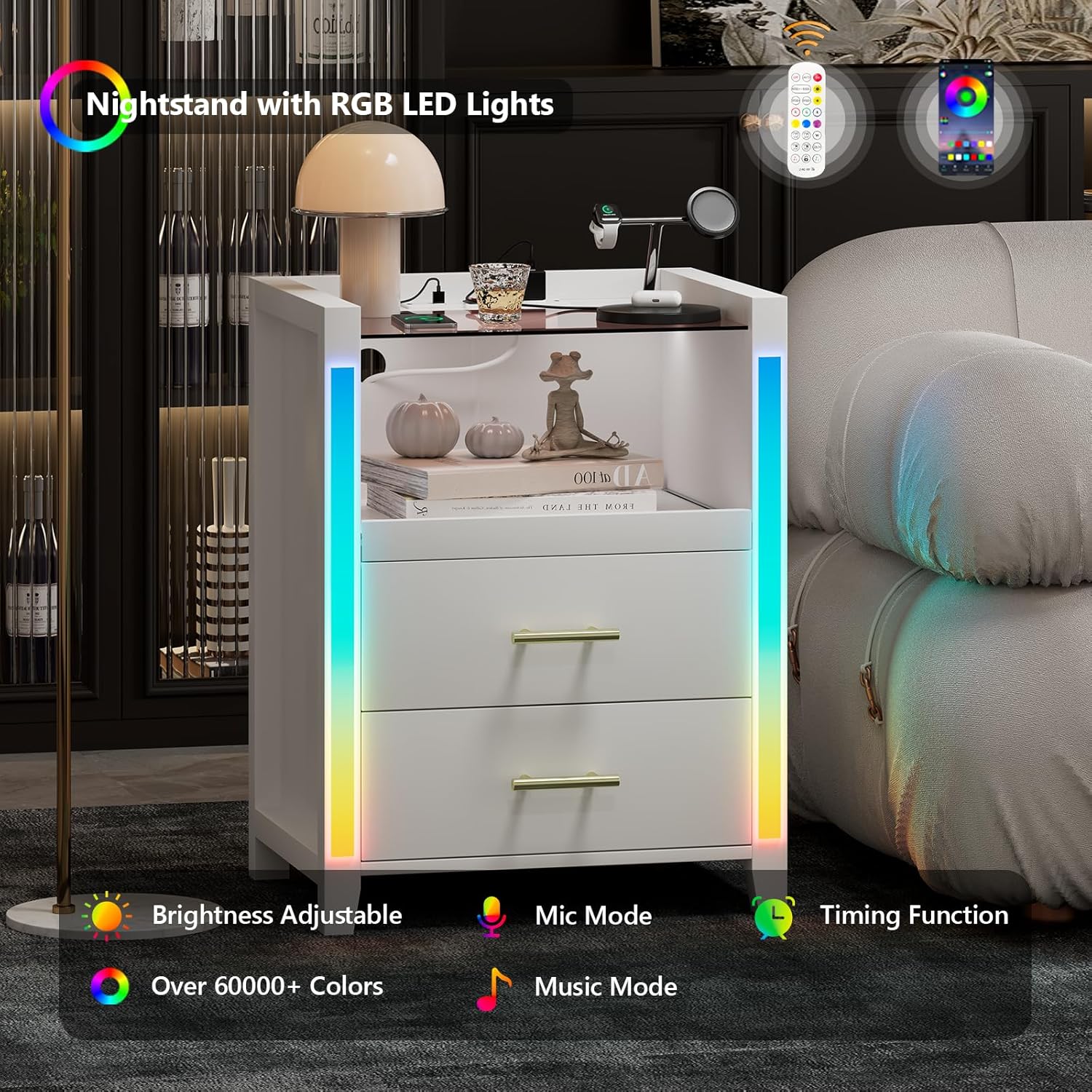 Mesita de noche con estación de carga, luces LED, mesita de noche con estante extraíble y 2 cajones, mesita de noche con mesa de vidrio templado,