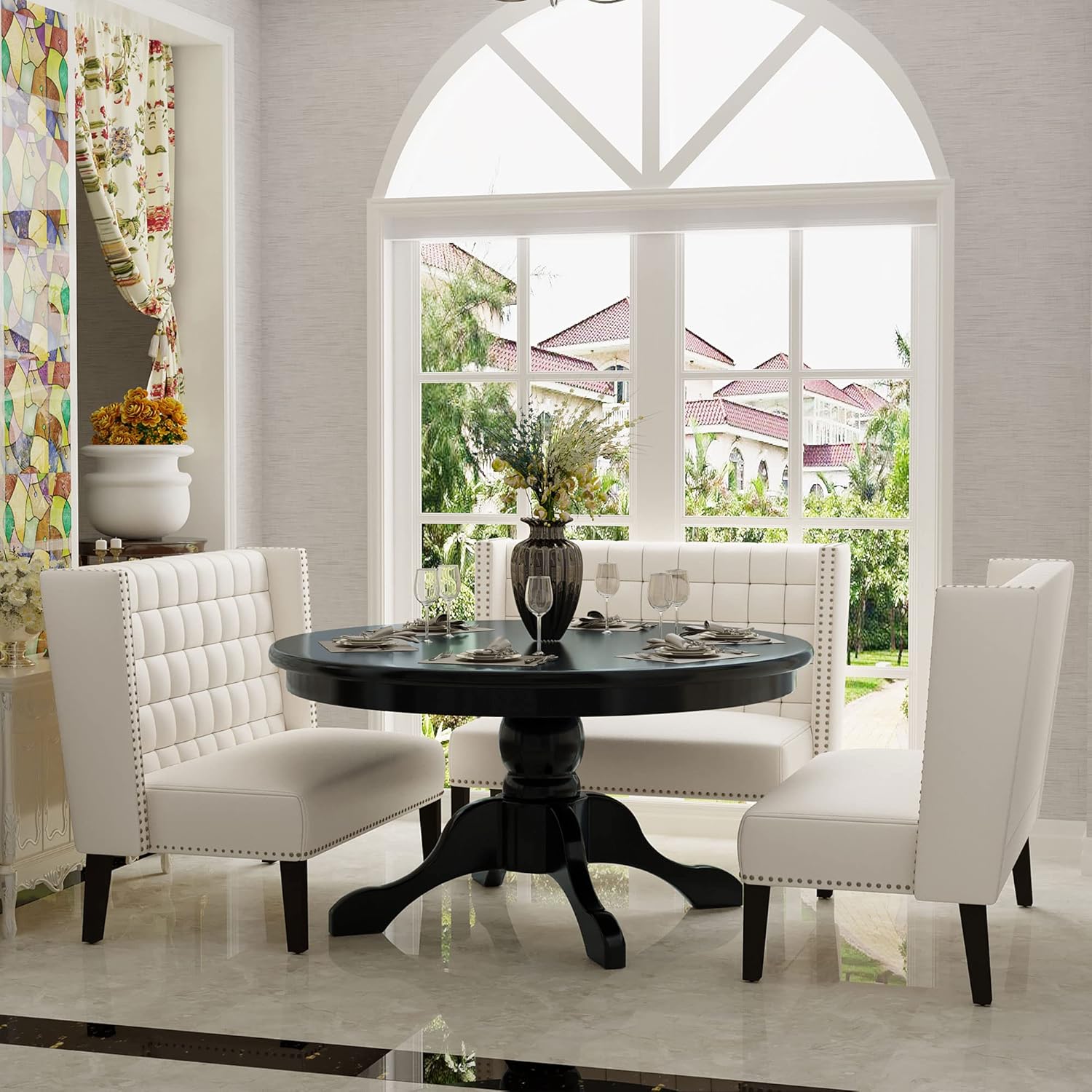 Andeworld Moderno sofá biplaza, banco tapizado de comedor con respaldo para comedor, sala de estar, pasillo o asiento de entrada, color blanco