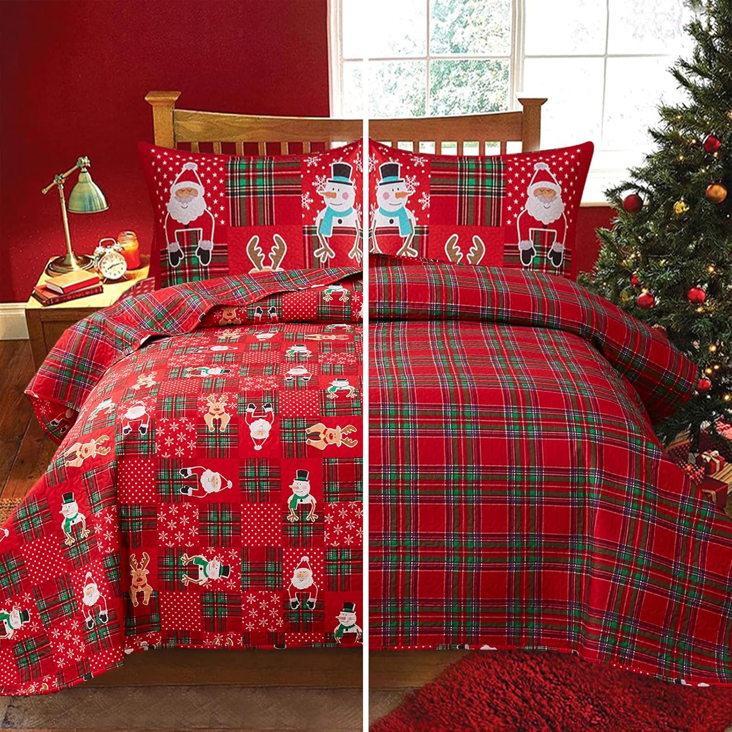Colchas reversibles de Papá Noel de Navidad, color rojo, verde, tamaño King, diseño de reno, muñeco de nieve, colcha a cuadros, regalo de Año Nuevo,