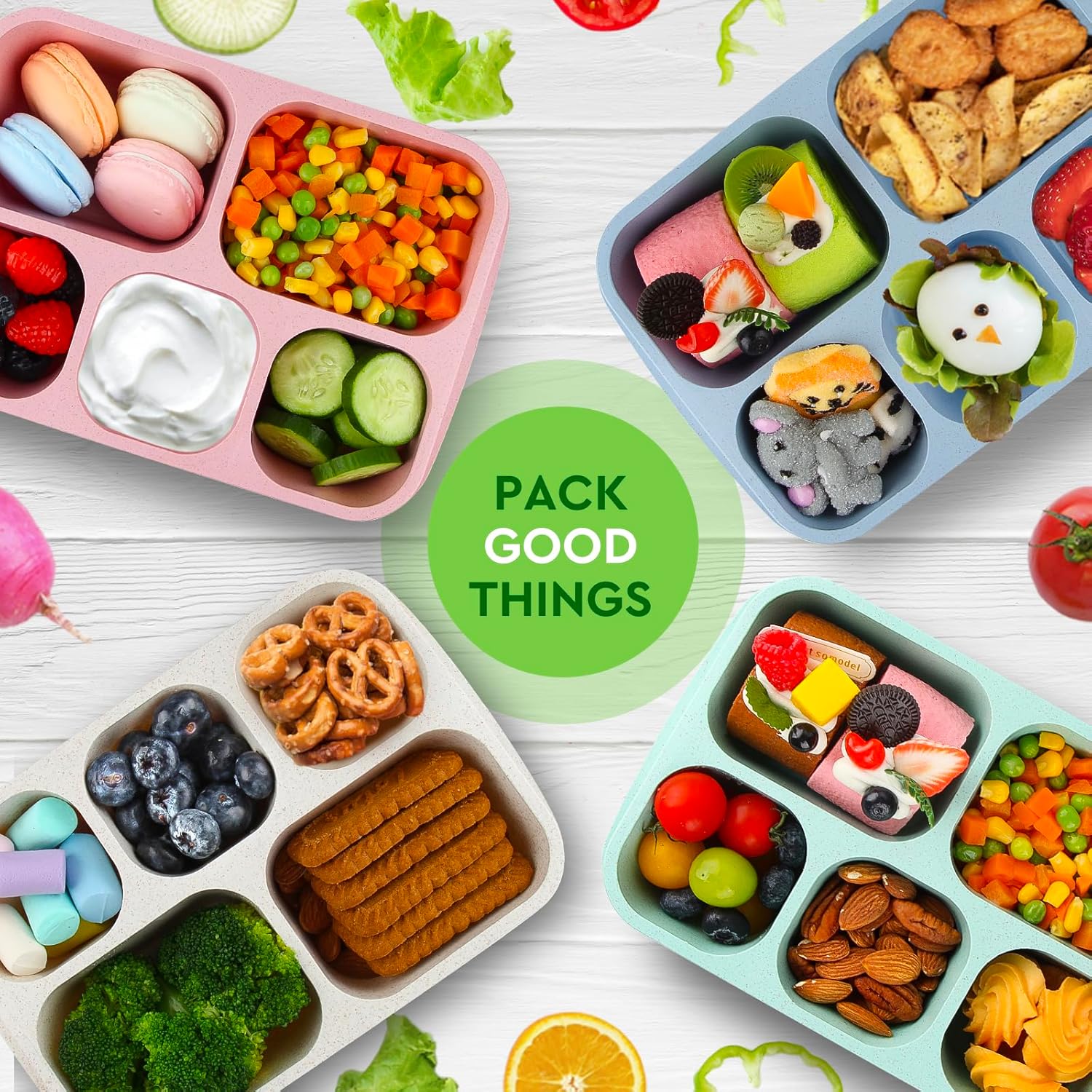 Bento – Loncheras reutilizables con 5 compartimentos, contenedores para alimentos para adultos, para la escuela, el trabajo y los viajes, juego de 4