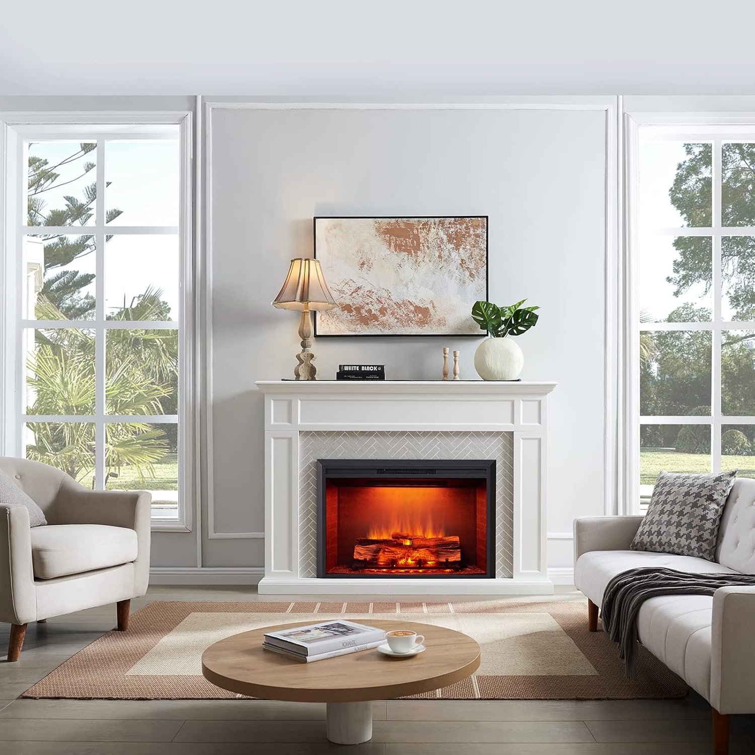 LegendFlame Hailey – Chimenea eléctrica con mantel envolvente de 65 pulgadas e inserto Carl de 39 pulgadas, color blanco crema con acabado de