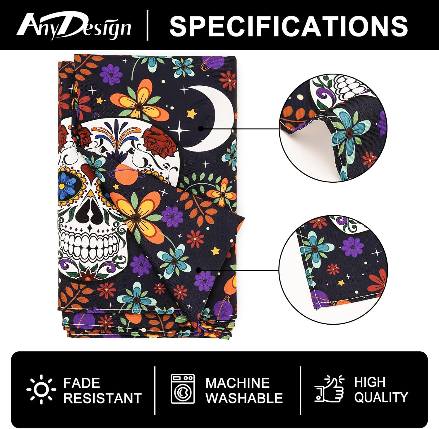AnyDesign Mantel rectangular con diseño de calavera del Día de los Muertos, estilo mexicano, diseño de calavera de flores coloridas, mantel lavable
