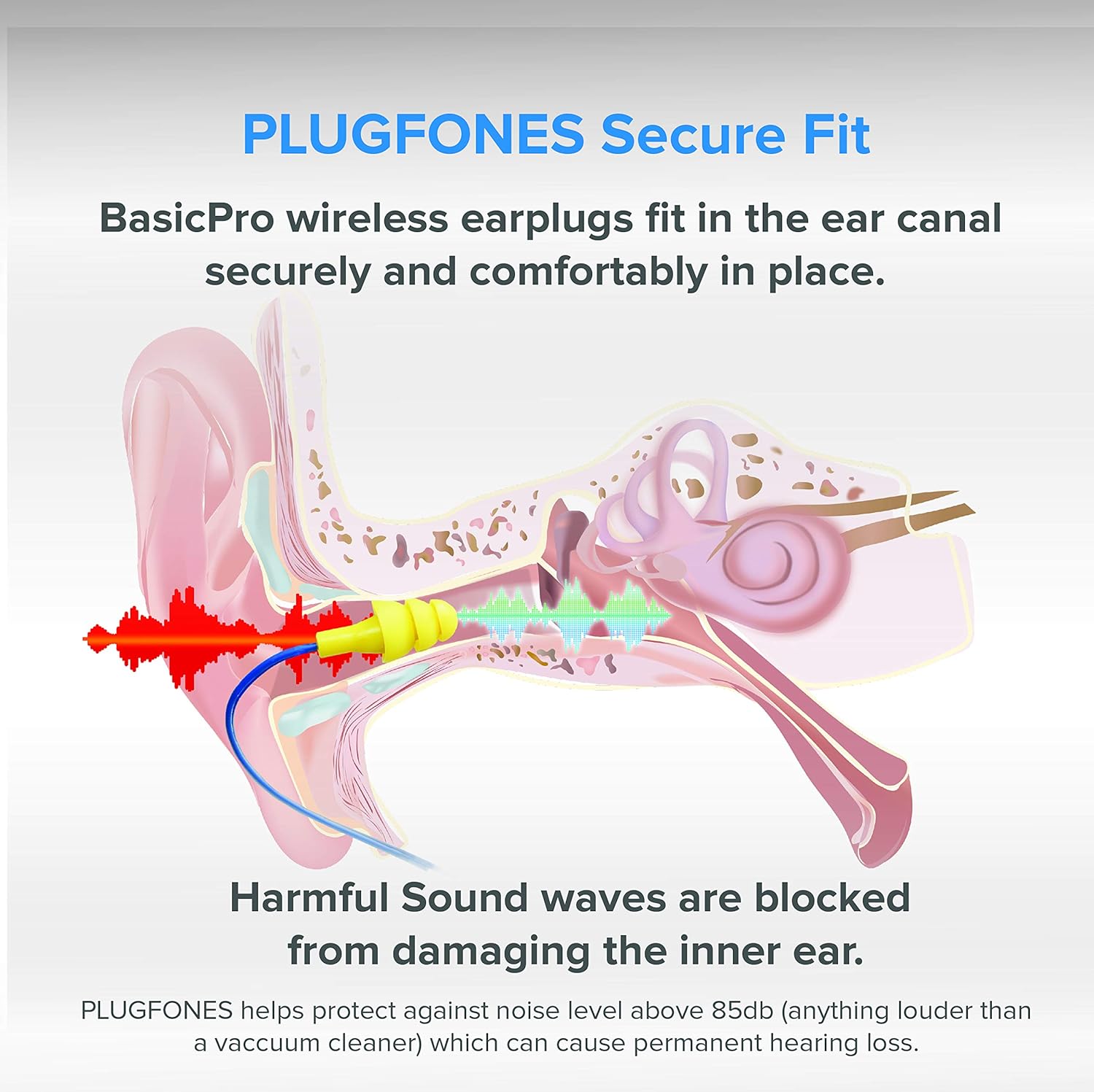 Plugfones Basic Pro – Auriculares intrauditivos inalámbricos Bluetooth  Reducción de ruido con micrófono de aislamiento de ruido y controles (azul y