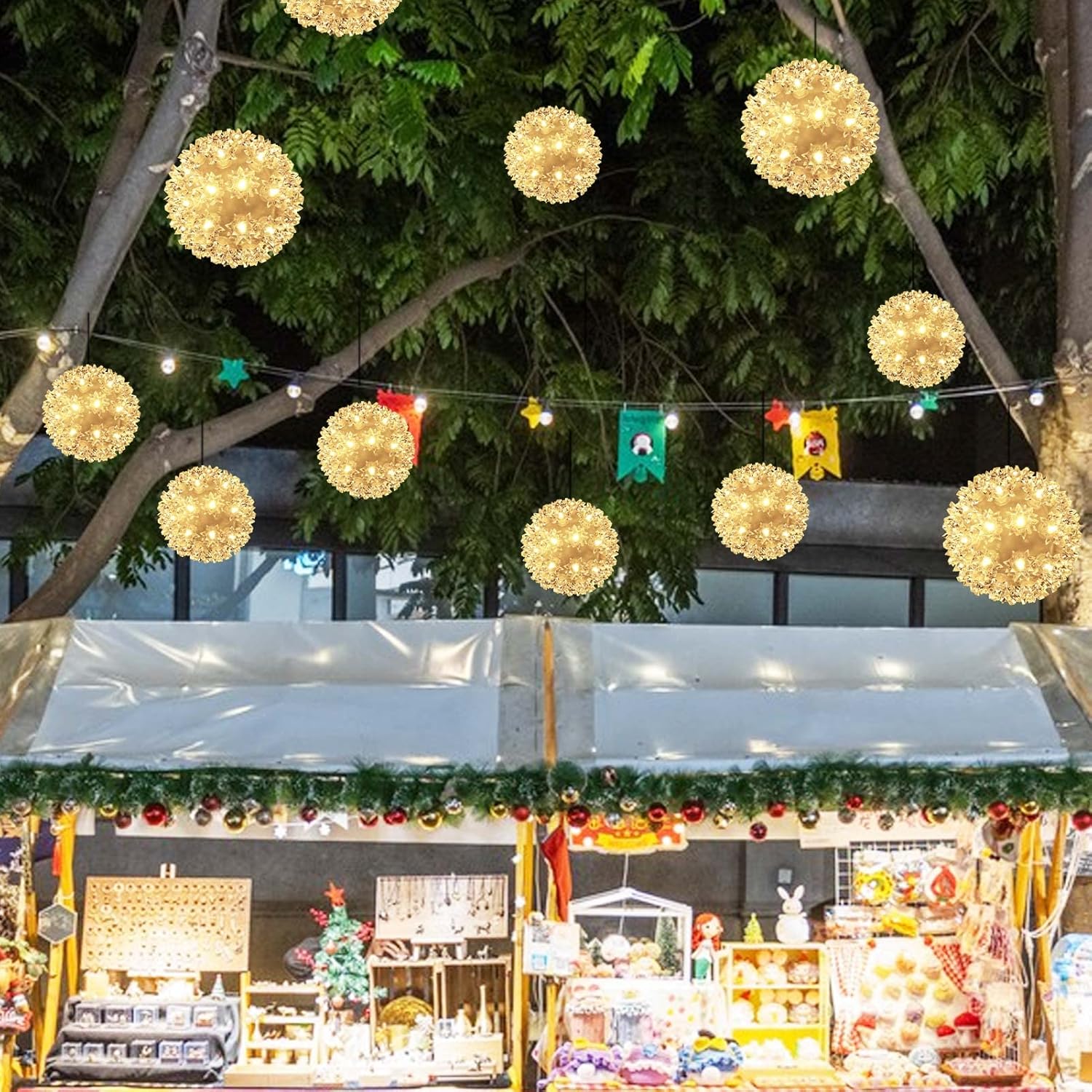 Luces de Navidad de 7 pulgadas brillantes para colgar al aire libre, luces parpadeantes, 100 luces LED de luz estelar, esfera blanca cálida, suave,
