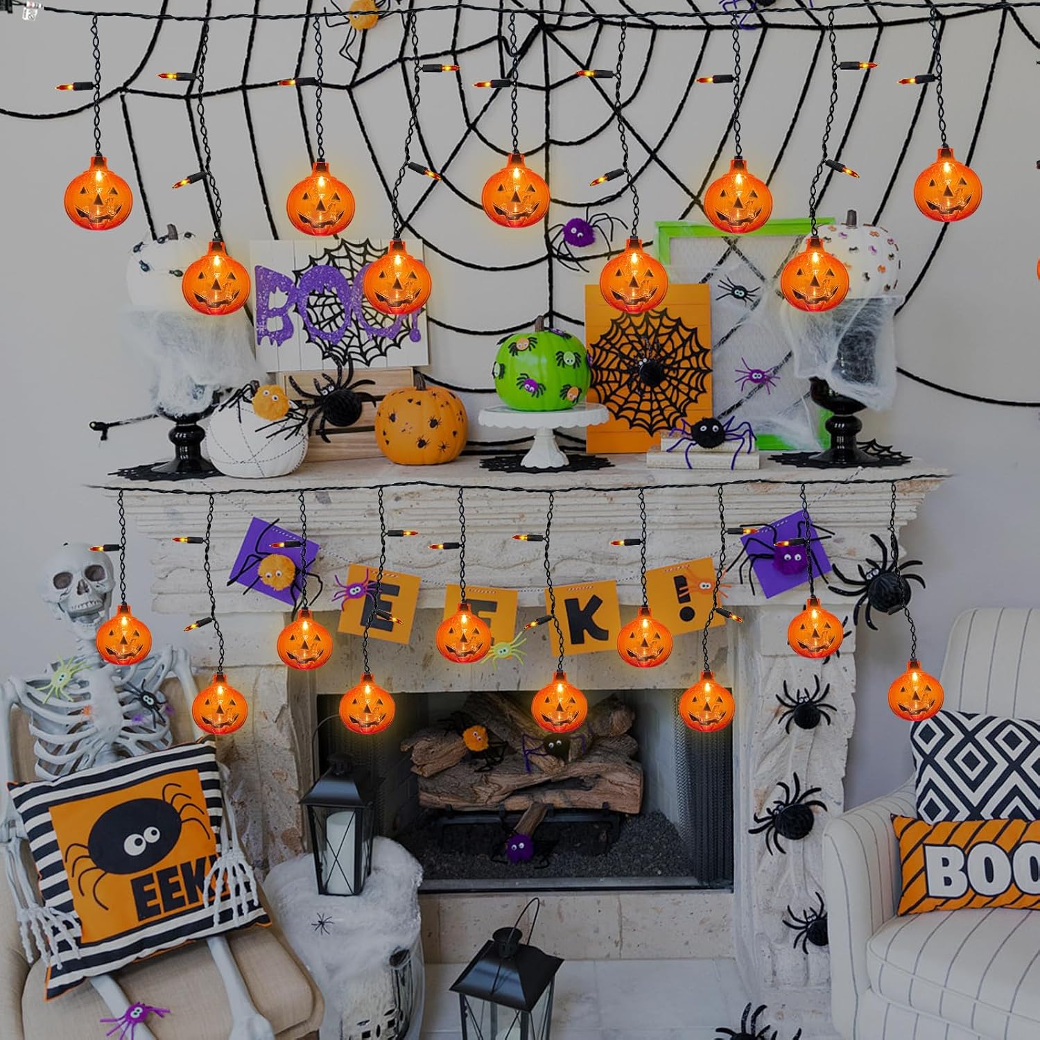 Konictom Cadena de luces de cortina de calabaza, tira de luces de calabaza de 7 pies enchufable con 10 mini calabazas y 25 mini bombillas,